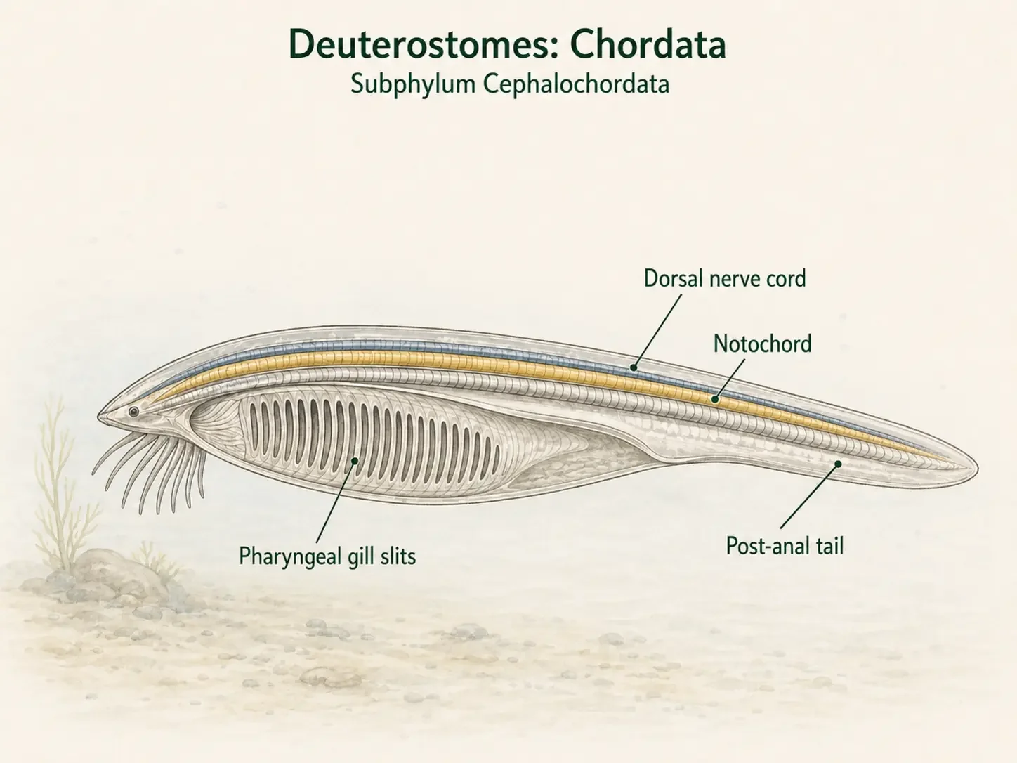 A lancelet labeled with the dorsal nerve cord, notochord, pharyngeal gill slits, and post-anal tail.