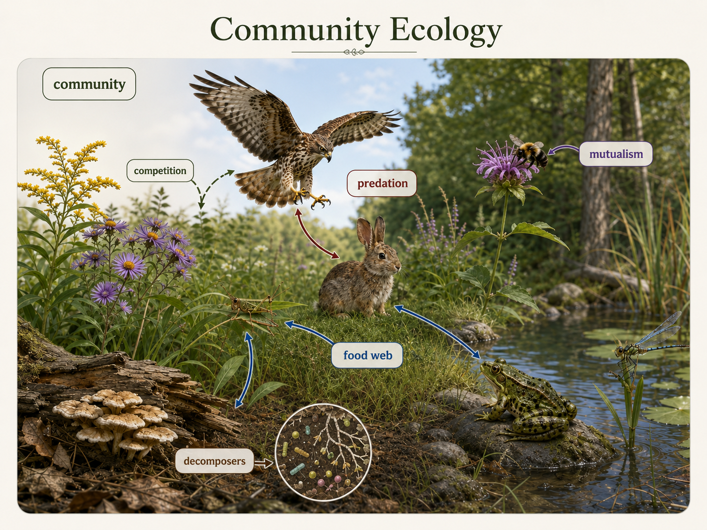 A forest or pond community shows plants, animals, fungi, and decomposers connected by feeding, competition, mutualism, and decomposition relationships.