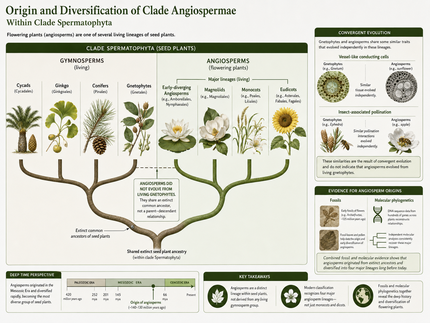 Angiosperms are seed plants with flowers and fruits. They did not evolve from living gnetophytes, even though some gnetophytes and angiosperms share similar traits.