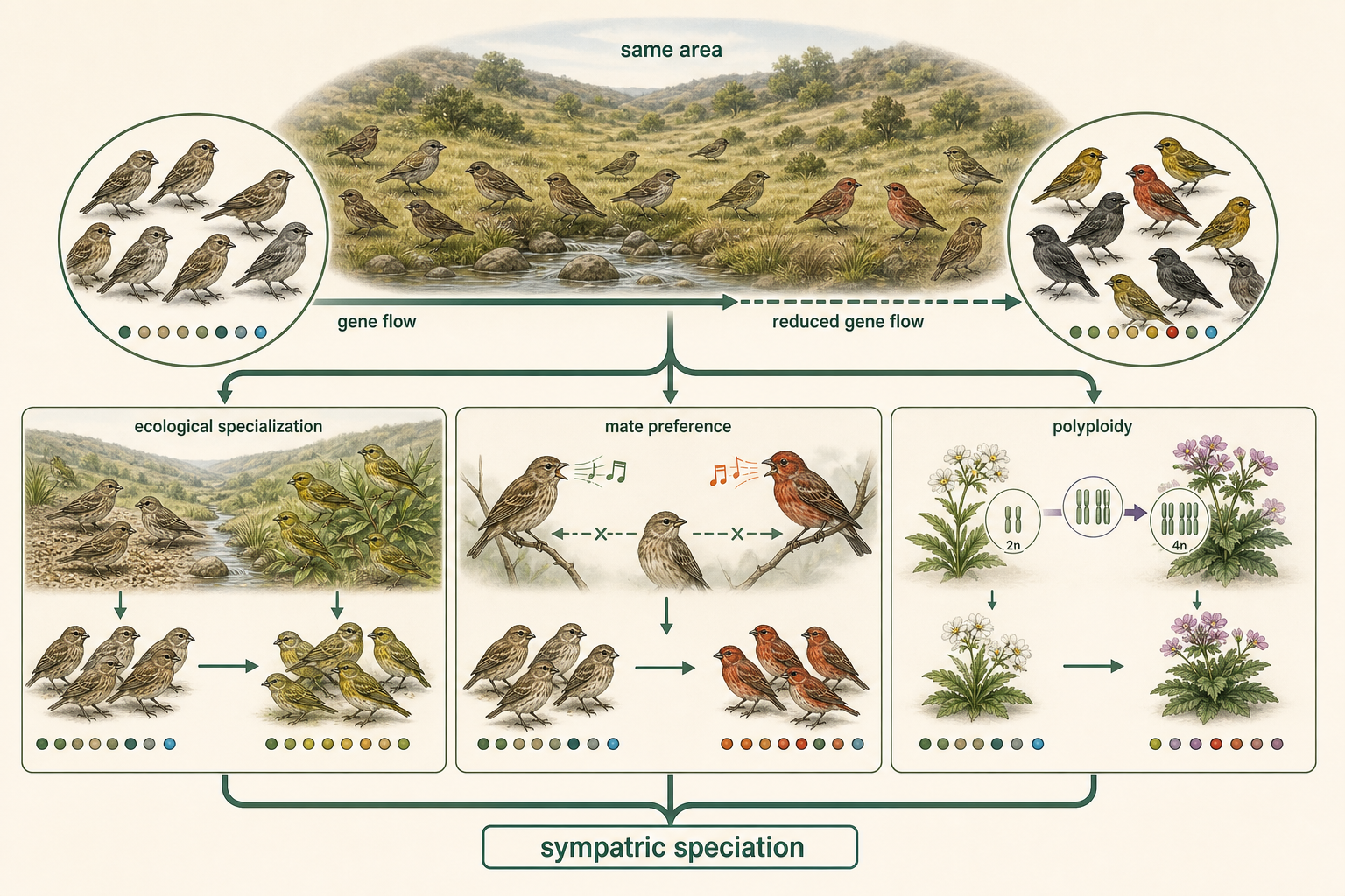 One overlapping population diverges without a geographic barrier as gene flow declines through ecology, mate choice, or polyploidy.