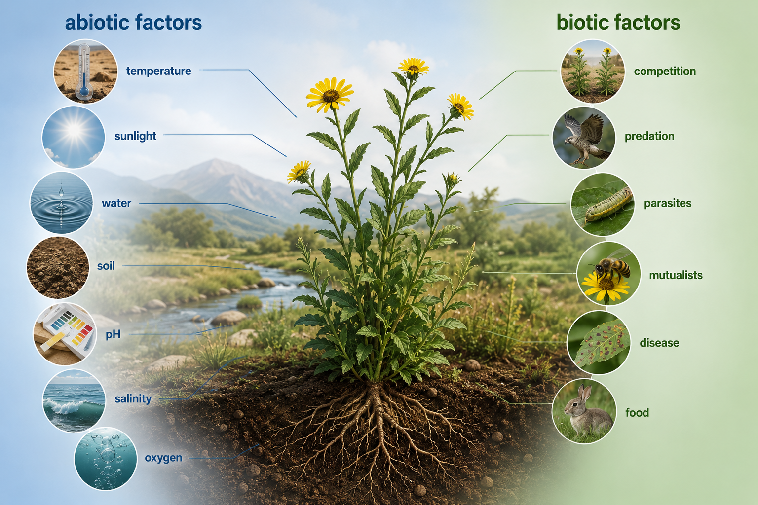 A plant or animal is shown in a habitat with abiotic factors on one side and biotic factors on the other. The image compares physical conditions with living interactions.