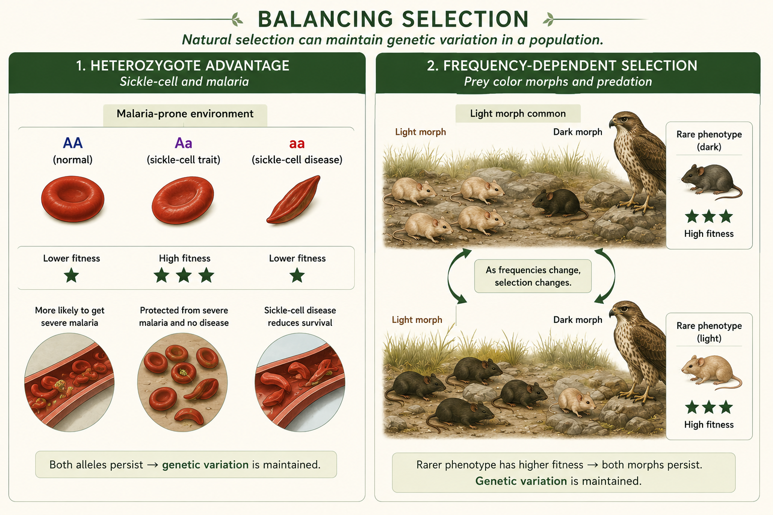 Two panels show balancing selection: sickle-cell heterozygote advantage in malaria regions and rare-phenotype advantage in frequency-dependent selection.