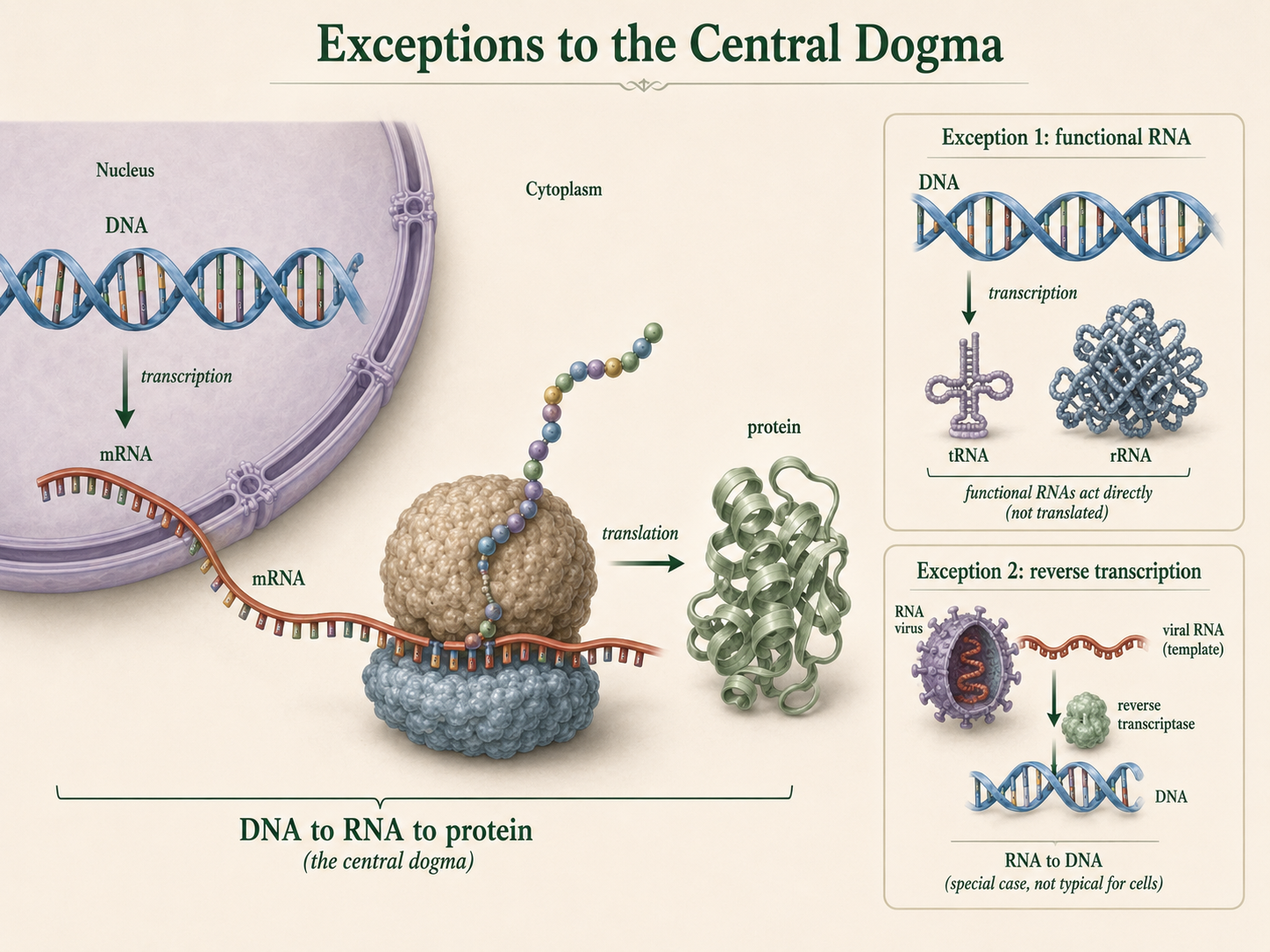 The standard DNA to RNA to protein pathway is shown with exceptions for functional RNA and RNA to DNA reverse transcription.