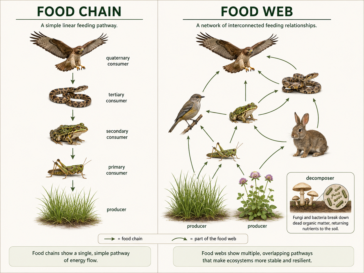 Alt text: A simple food chain shows grass being eaten by a grasshopper, which is eaten by a frog, which is eaten by a snake. Beside it, a broader food web shows producers, consumers, predators, and decomposers connected by multiple feeding arrows.
