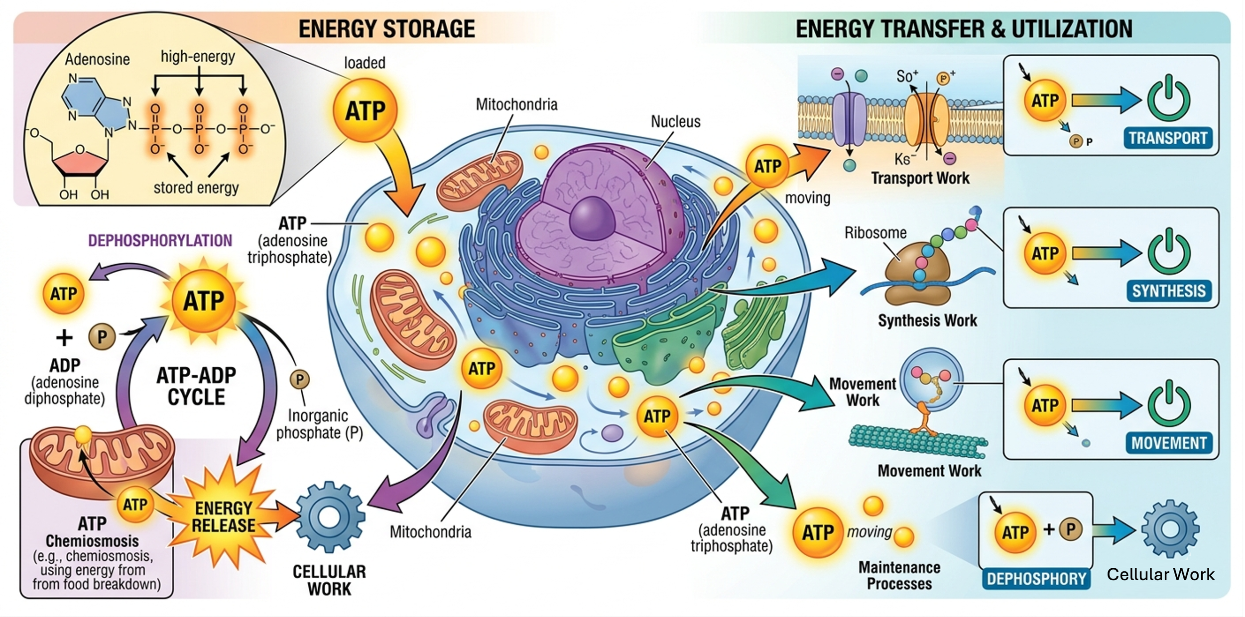 ATP is the main energy-carrying molecule in cells. It stores energy and releases it when broken down into ADP and inorganic phosphate through dephosphorylation. This released energy powers essential cellular activities.