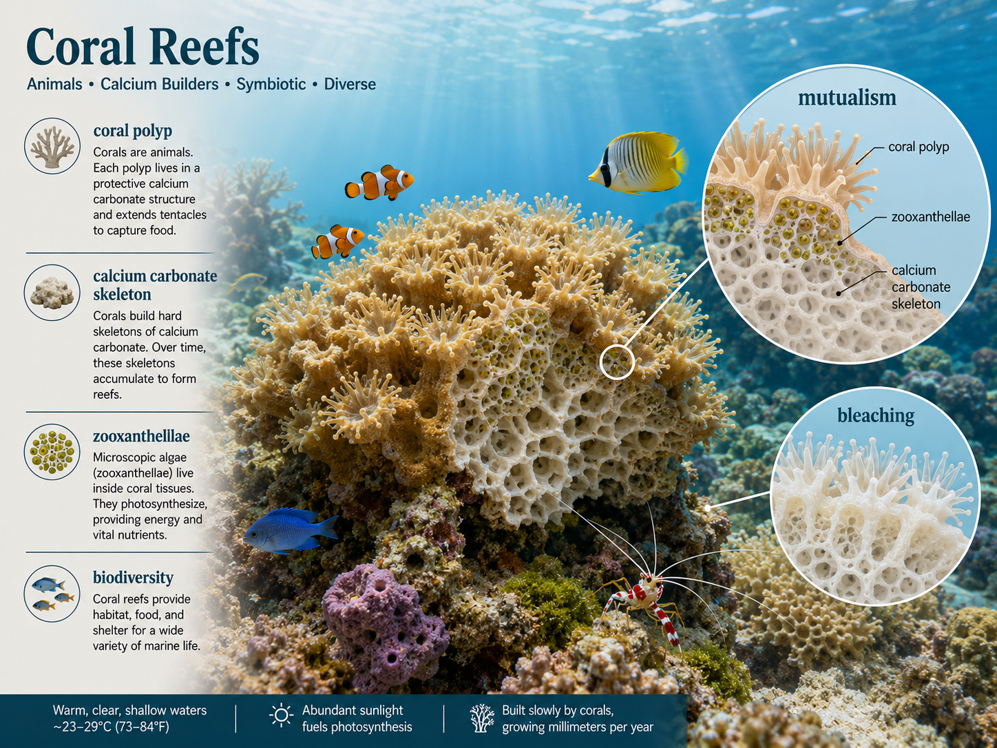 A shallow coral reef shows coral polyps, reef structure, fish, invertebrates, and an inset of zooxanthellae inside coral tissue. A small bleaching inset shows pale stressed coral.