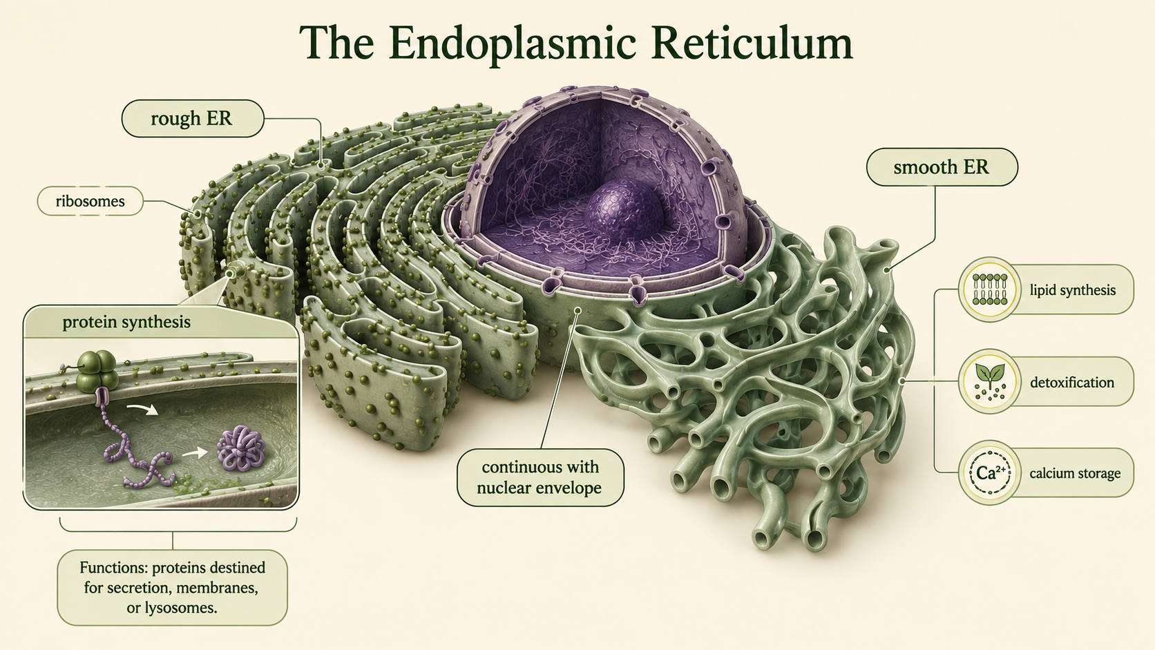 Rough ER with ribosomes and smooth ER without ribosomes perform protein synthesis, lipid synthesis, detoxification, and calcium storage.