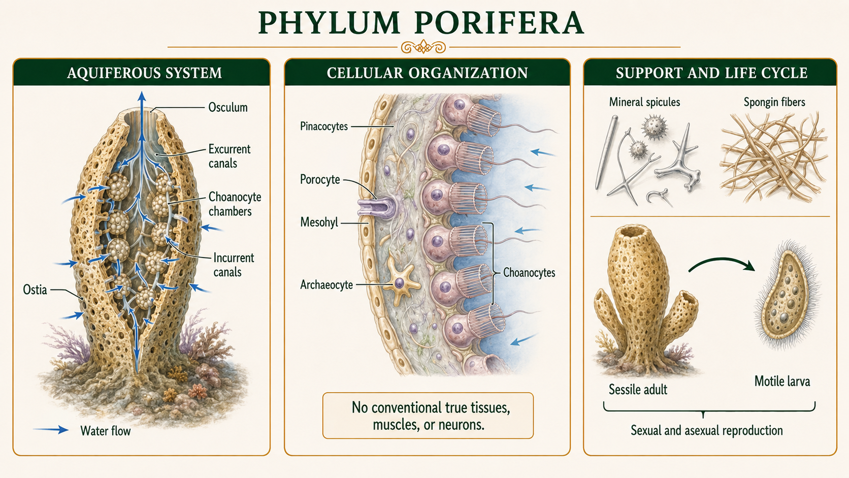 Infographic showing sponge water flow, major cell types, skeletal materials, and sexual and asexual reproduction.