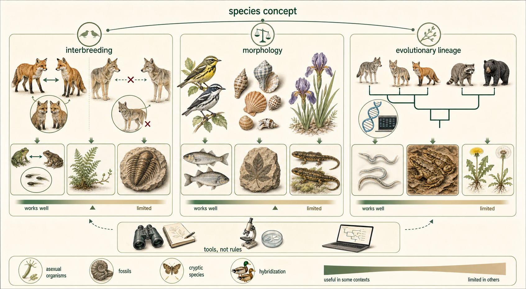 Three panels compare species definitions based on interbreeding, physical traits, and evolutionary lineage.