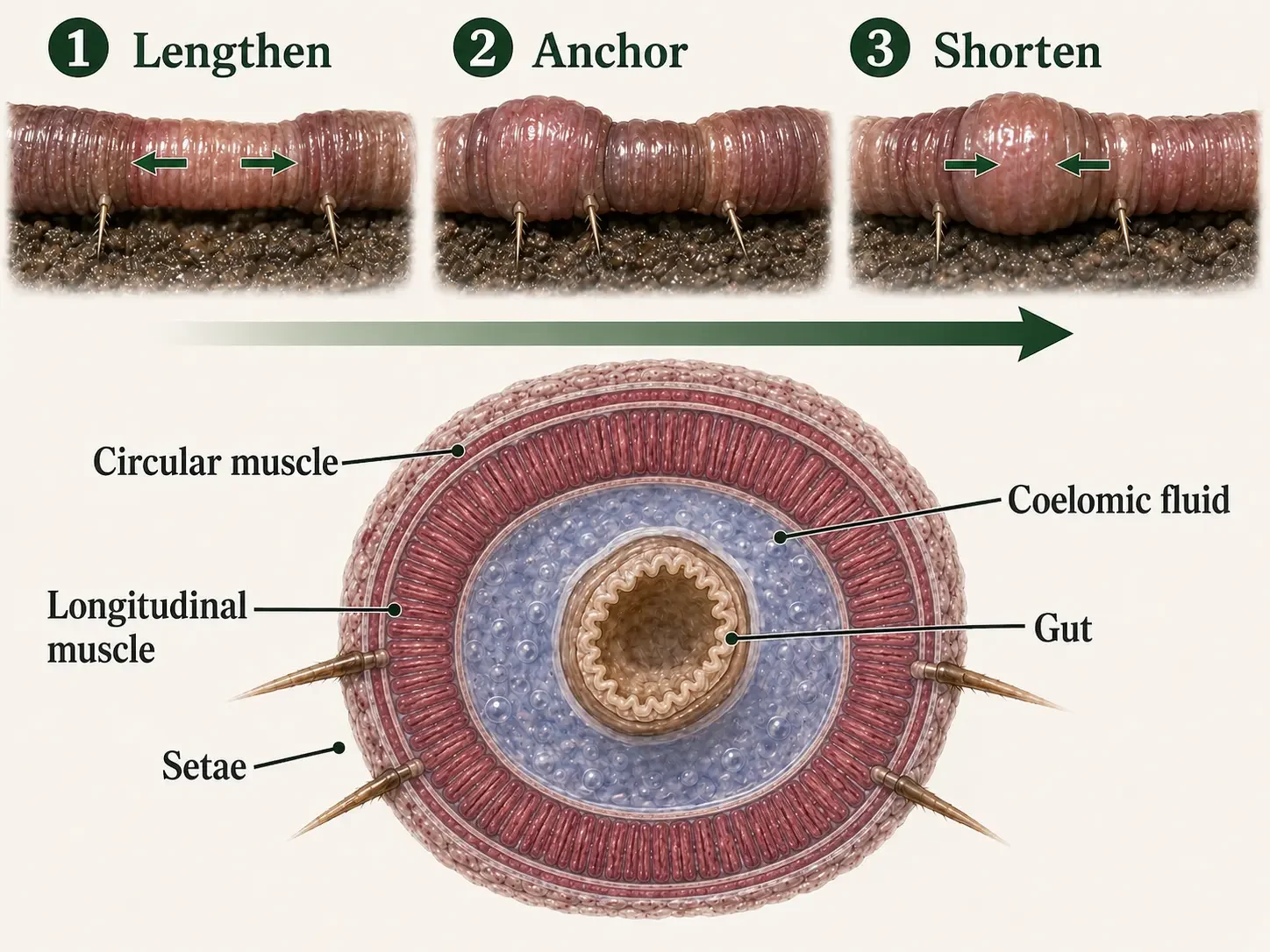 Earthworm segments show circular muscles lengthening and narrowing the body, longitudinal muscles shortening and widening it, setae anchoring segments, and coelomic fluid transmitting force during movement.