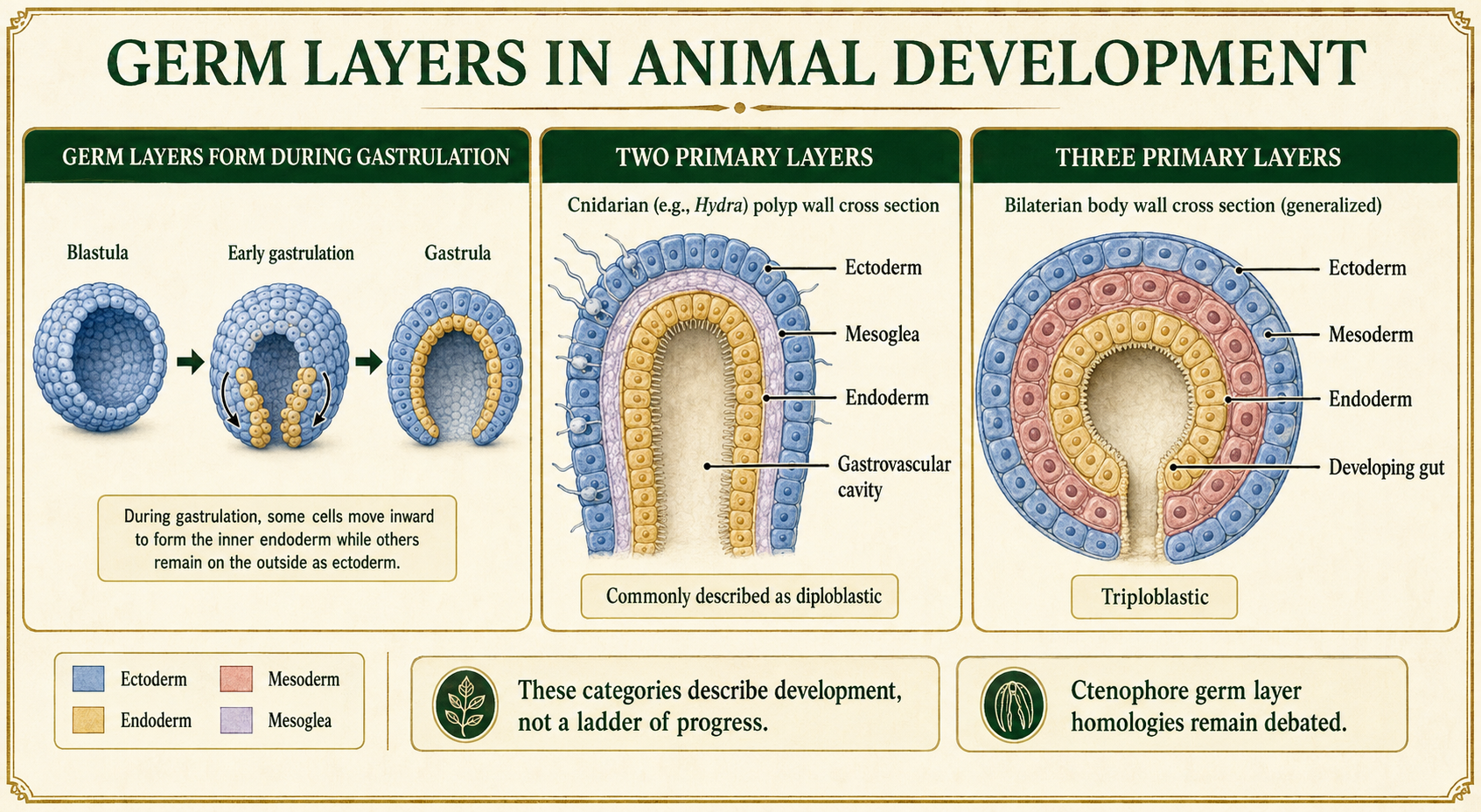 Comparison of gastrulation, two germ layers in a cnidarian, and three germ layers in a bilaterian.