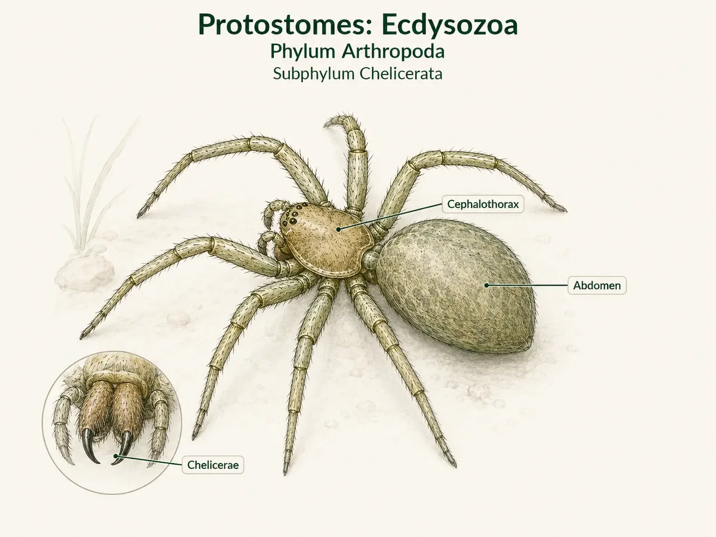 A spider with its cephalothorax and abdomen labeled and four pairs of legs attached to the cephalothorax.