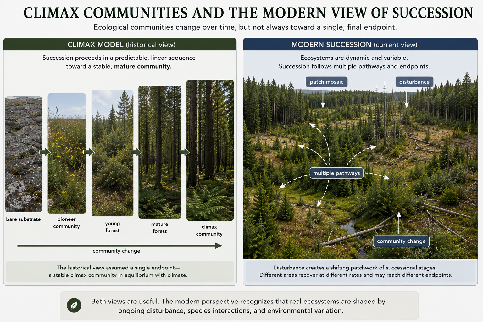 A landscape sequence shows early colonists such as lichens, mosses, grasses, and annual plants giving way to shrubs, young trees, and eventually taller long-lived trees. Small callouts identify facilitation, inhibition, and tolerance as processes