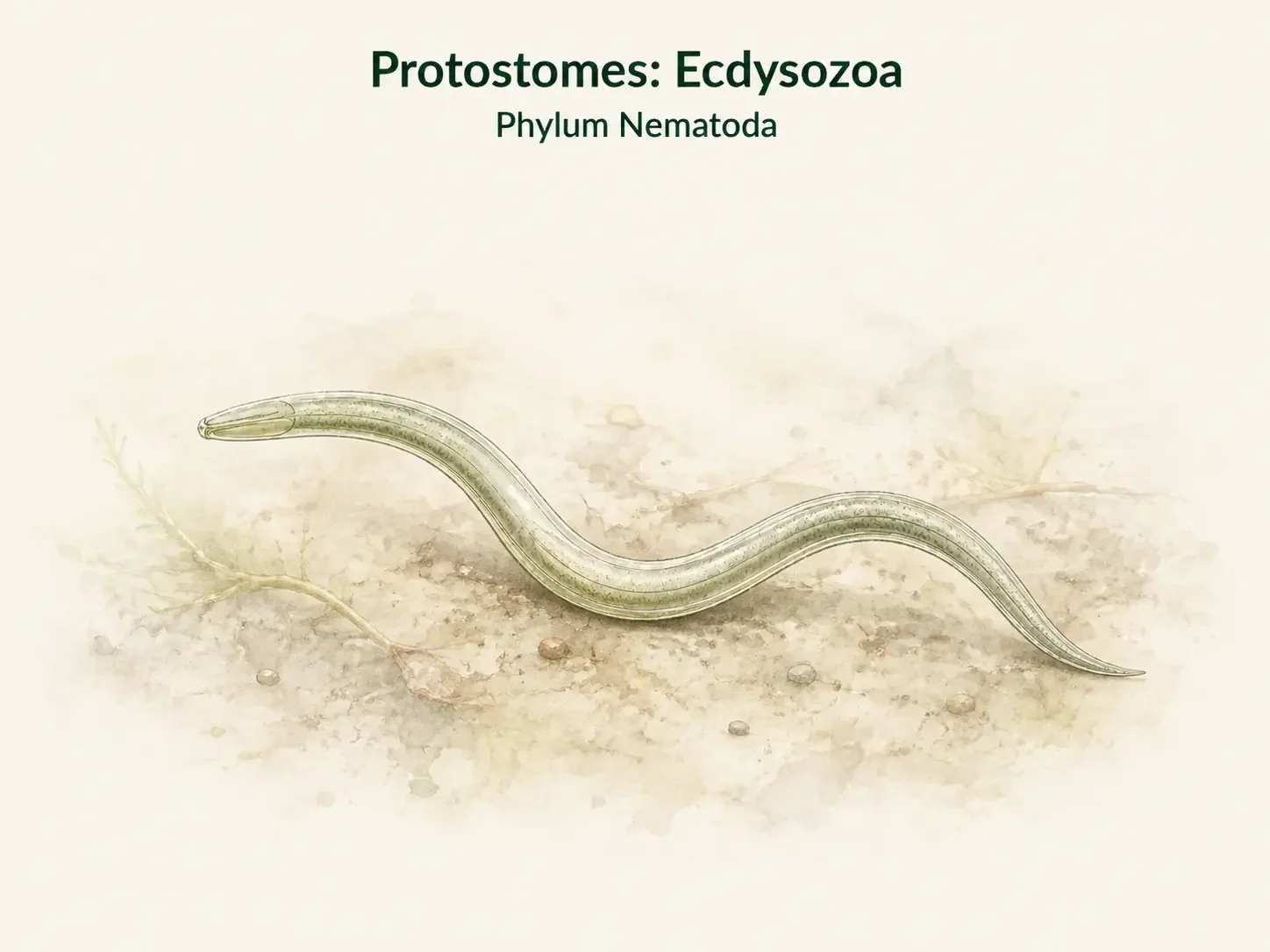 A slender roundworm with a smooth unsegmented cylindrical body tapering toward both ends.