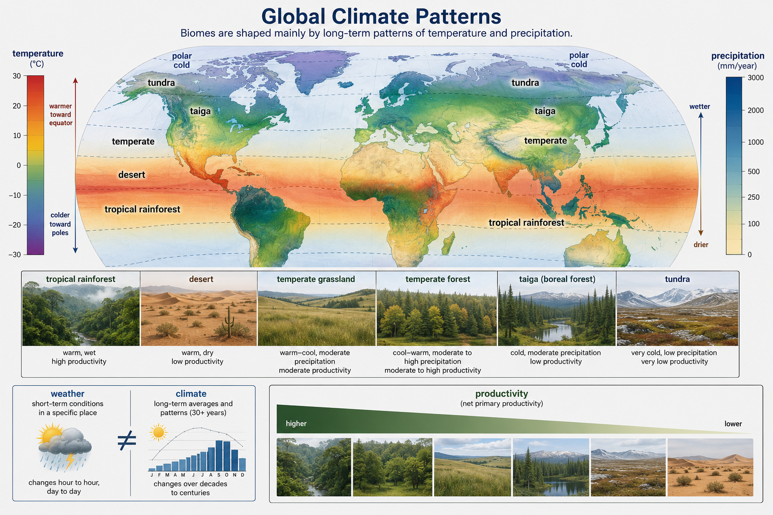 A global map or latitude diagram shows warm wet regions, dry subtropical zones, temperate regions, and cold polar regions linked to major biome types.