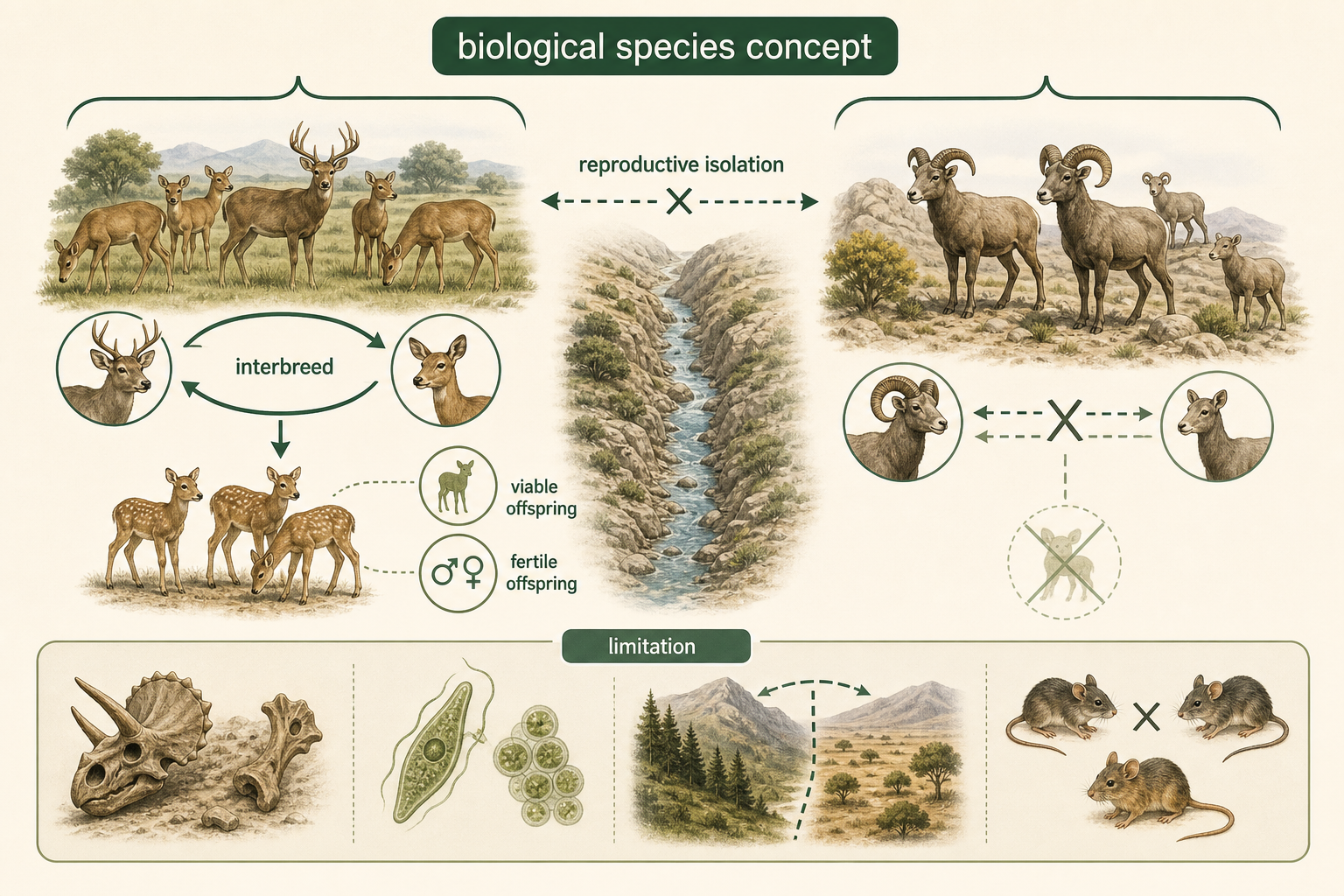 One group interbreeds and produces viable fertile offspring, while another group is separated by reproductive barriers.