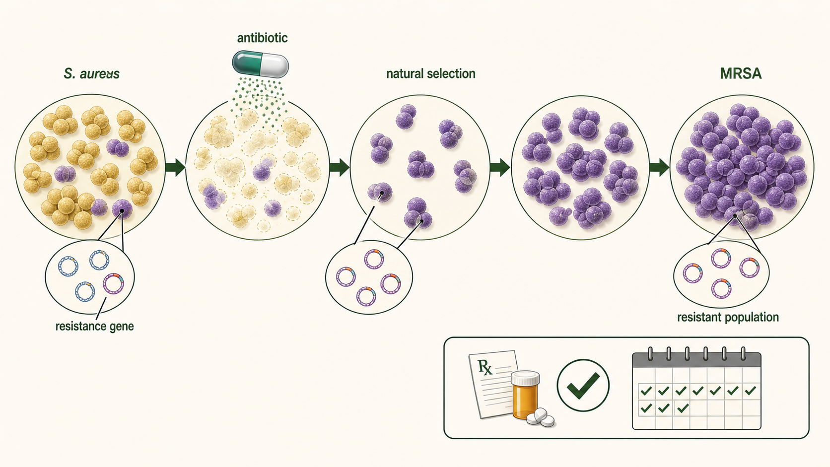 Antibiotics kill susceptible bacteria while resistant bacteria survive, reproduce, and become more common.
