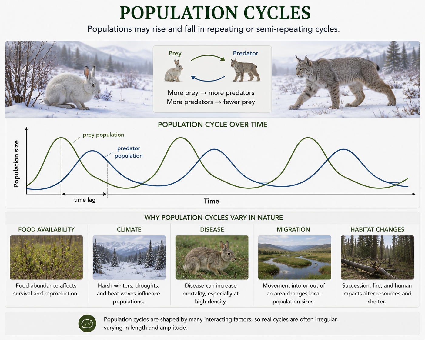 A predator and prey are shown in the same habitat beside two population curves. The prey population rises first, the predator population rises after a delay, the prey declines, and the predator later declines.