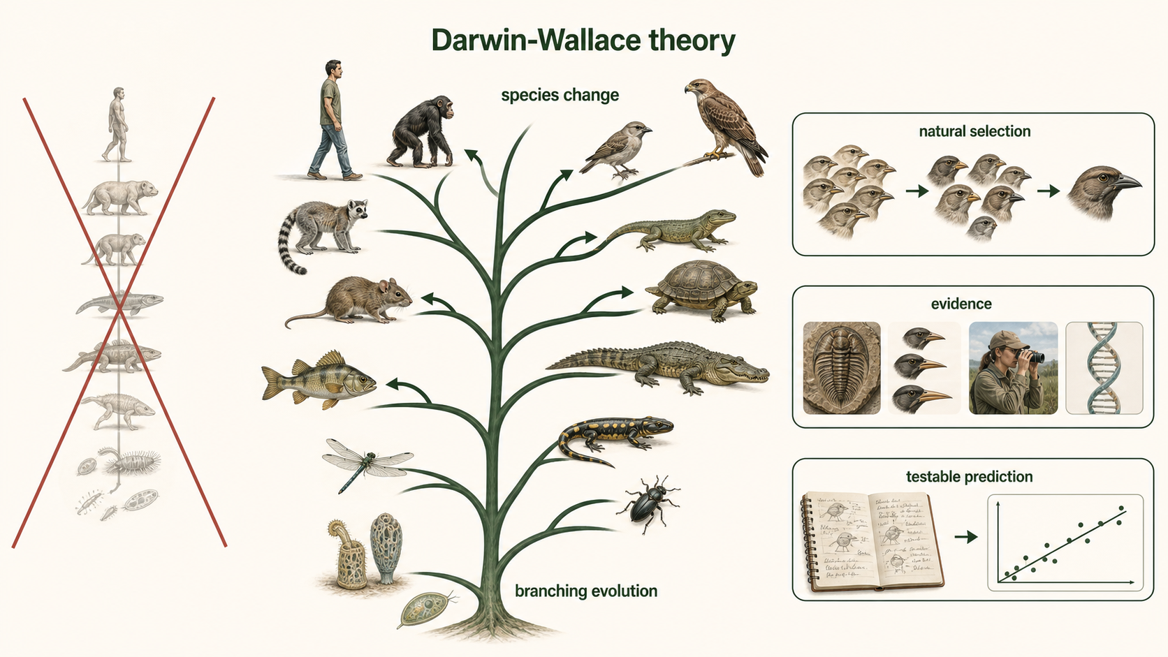 A branching tree of life contrasts with fixed species and ladder views, showing Darwin-Wallace evolution.