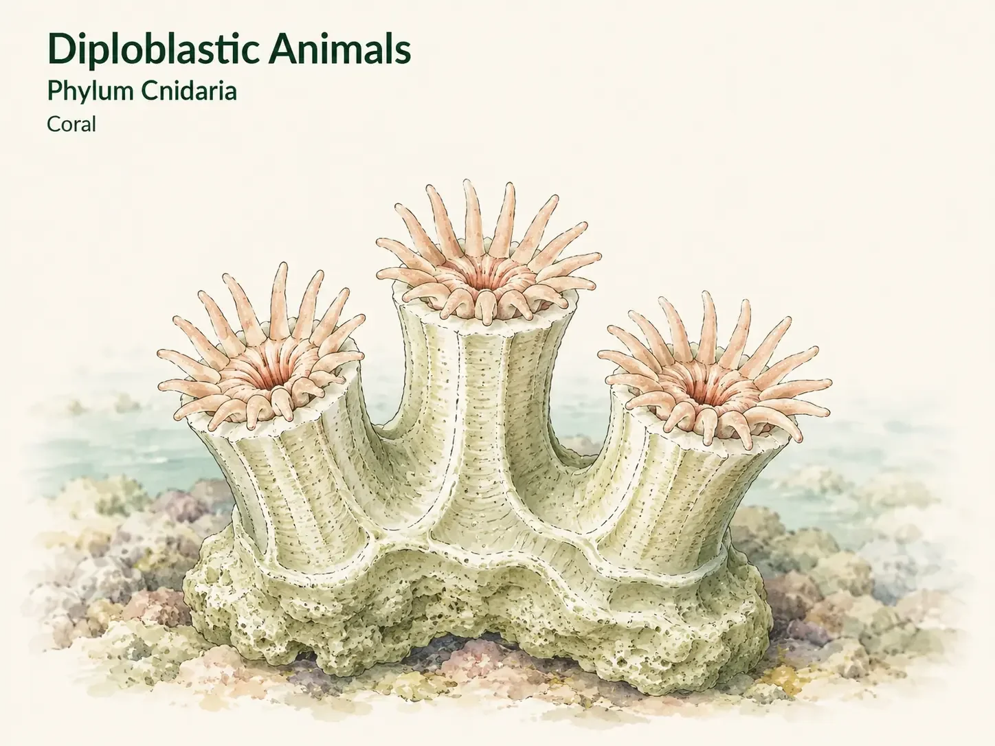 Coral colony made of many connected polyps on a shared supporting structure.