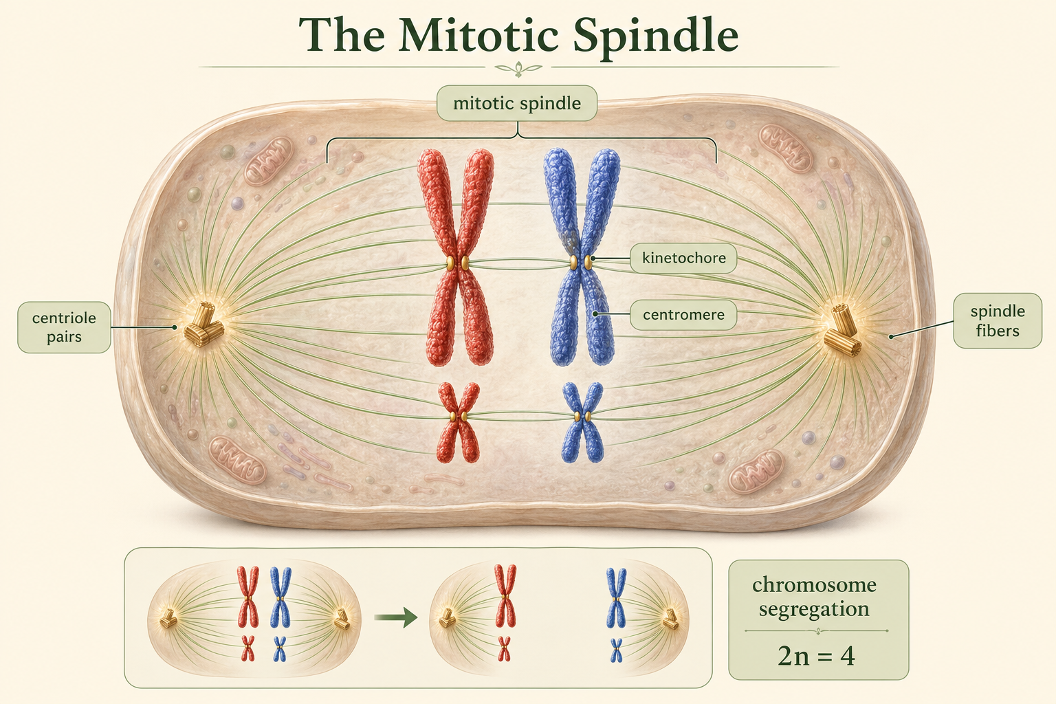 Animal cell with spindle fibers extending from opposite centriole pairs to kinetochores on duplicated chromosomes, preparing them for accurate segregation.