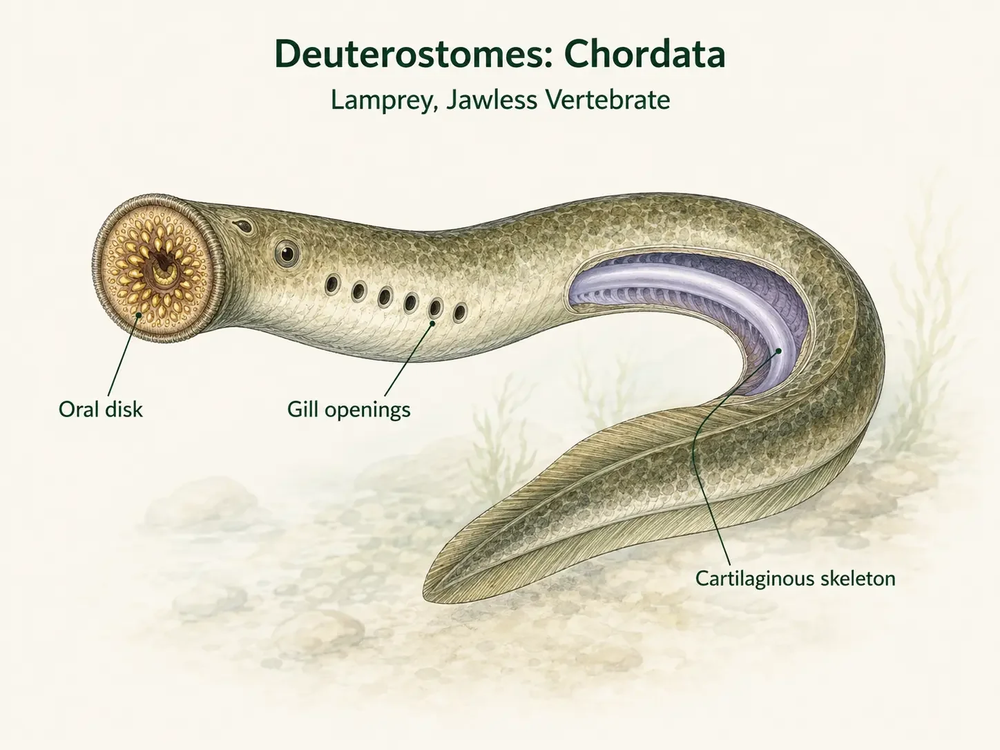 A lamprey with an elongated eel-like body, round oral disk, and a row of gill openings.