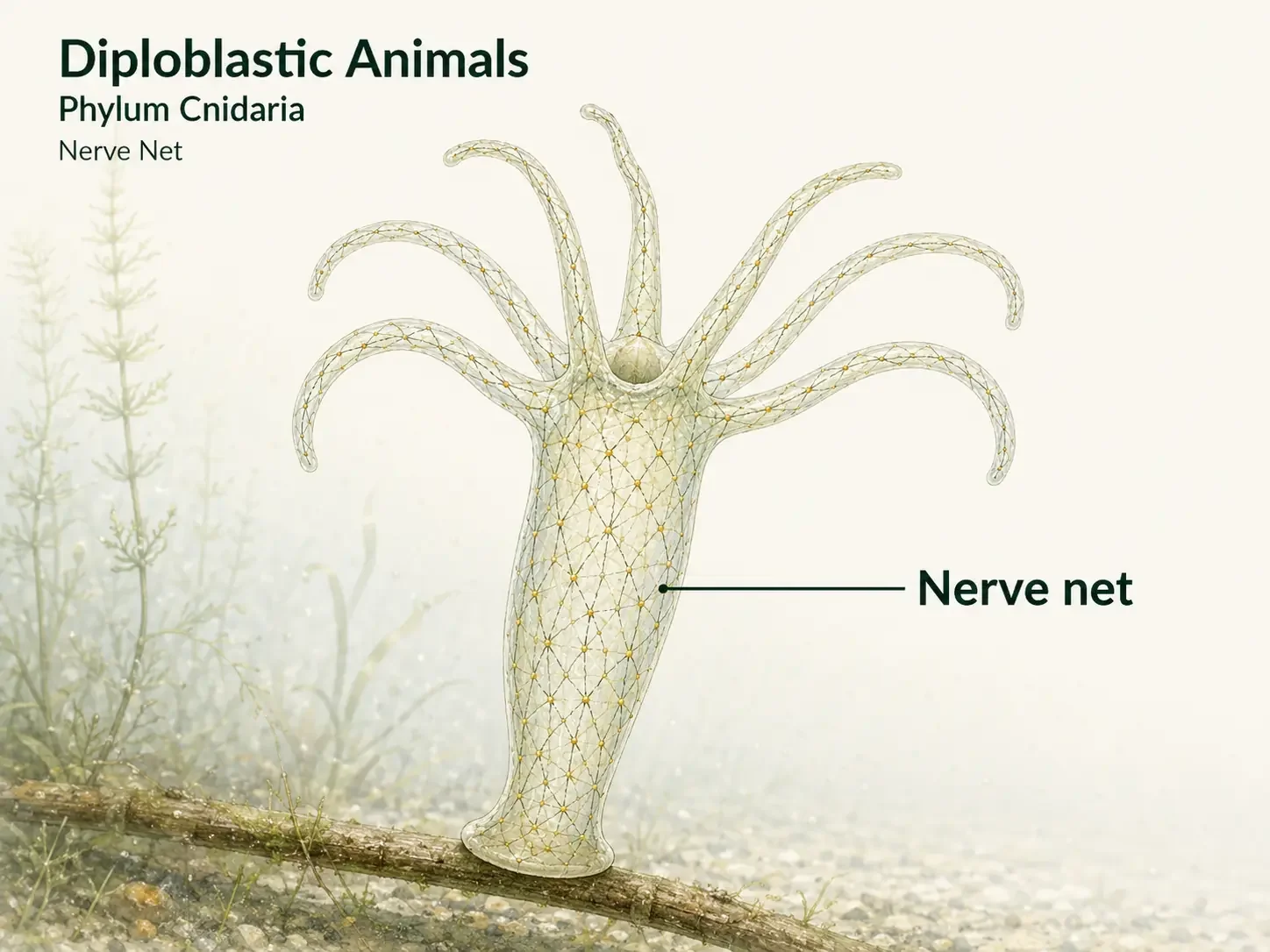 Hydra showing a diffuse network of nerve cells extending through the body wall and tentacles.