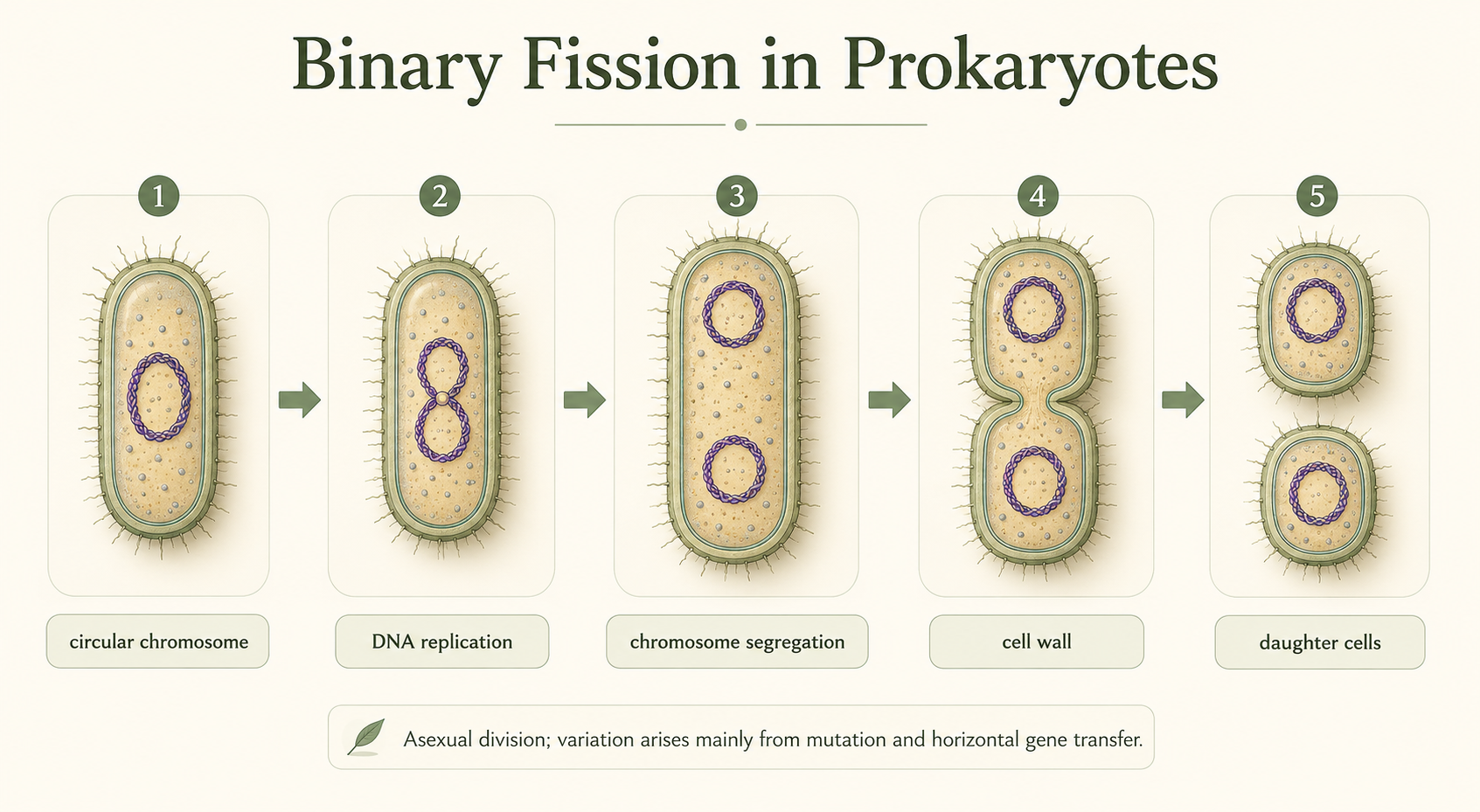 Rod-shaped bacterium replicates its circular chromosome, segregates the DNA as the cell elongates, and divides to form two genetically identical daughter cells.