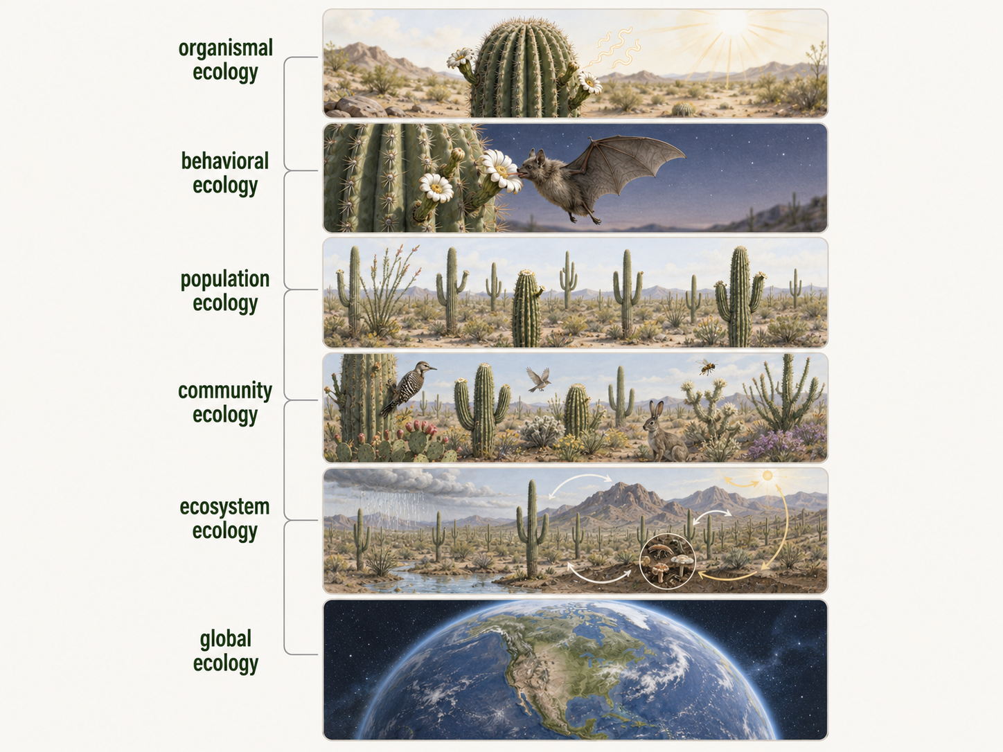 A nested diagram shows ecological levels from an individual organism to a population, community, ecosystem, biome, and global biosphere. Each level is paired with a simple ecological question.