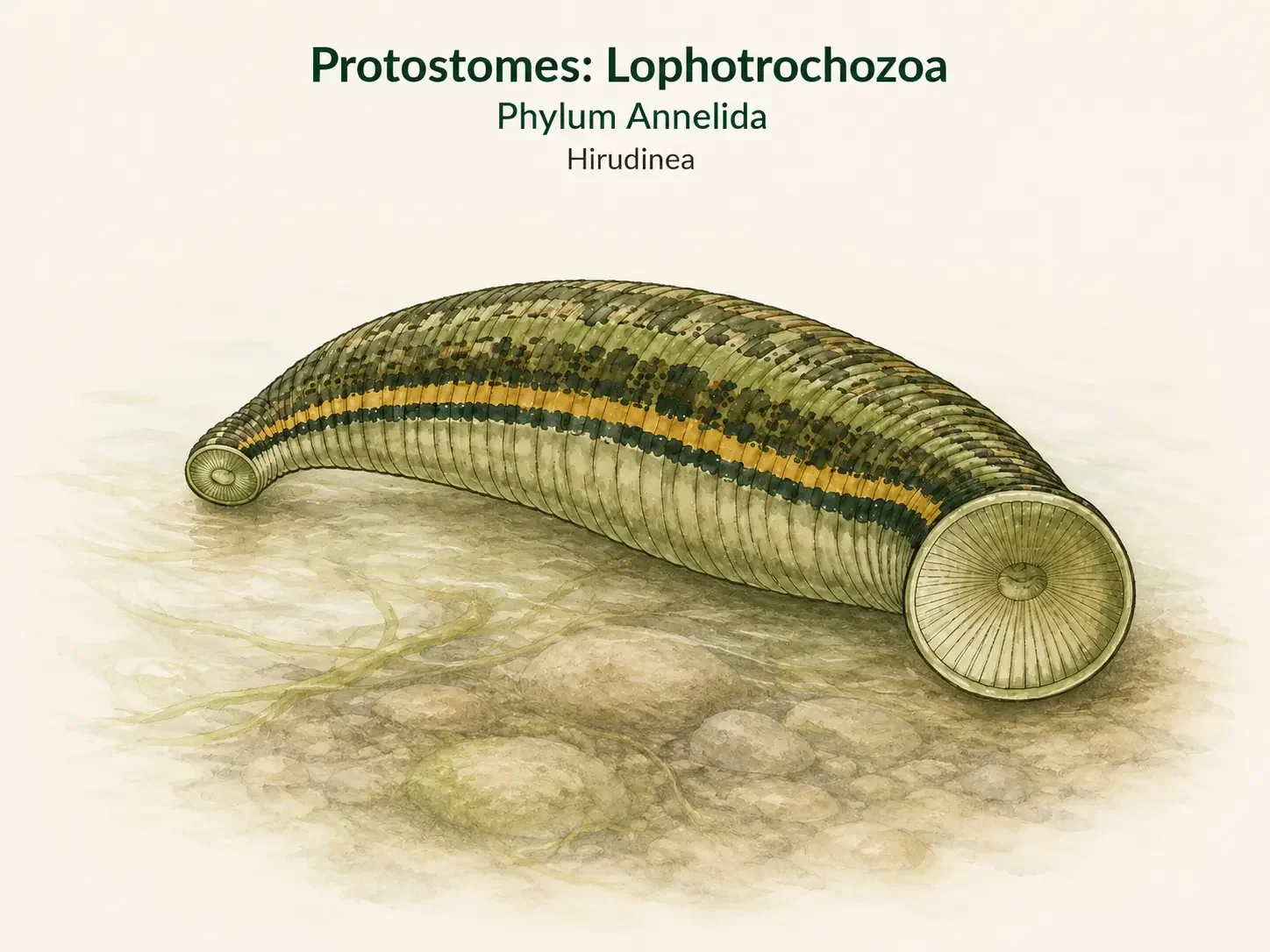 A leech with a flattened segmented body and a prominent sucker at one end.