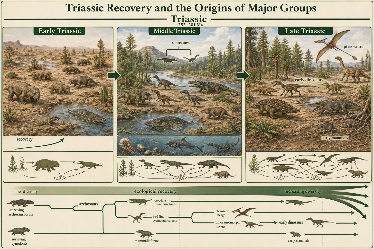 Triassic ecosystems recover as early dinosaurs, pterosaurs, mammals, and archosaurs appear after extinction.
