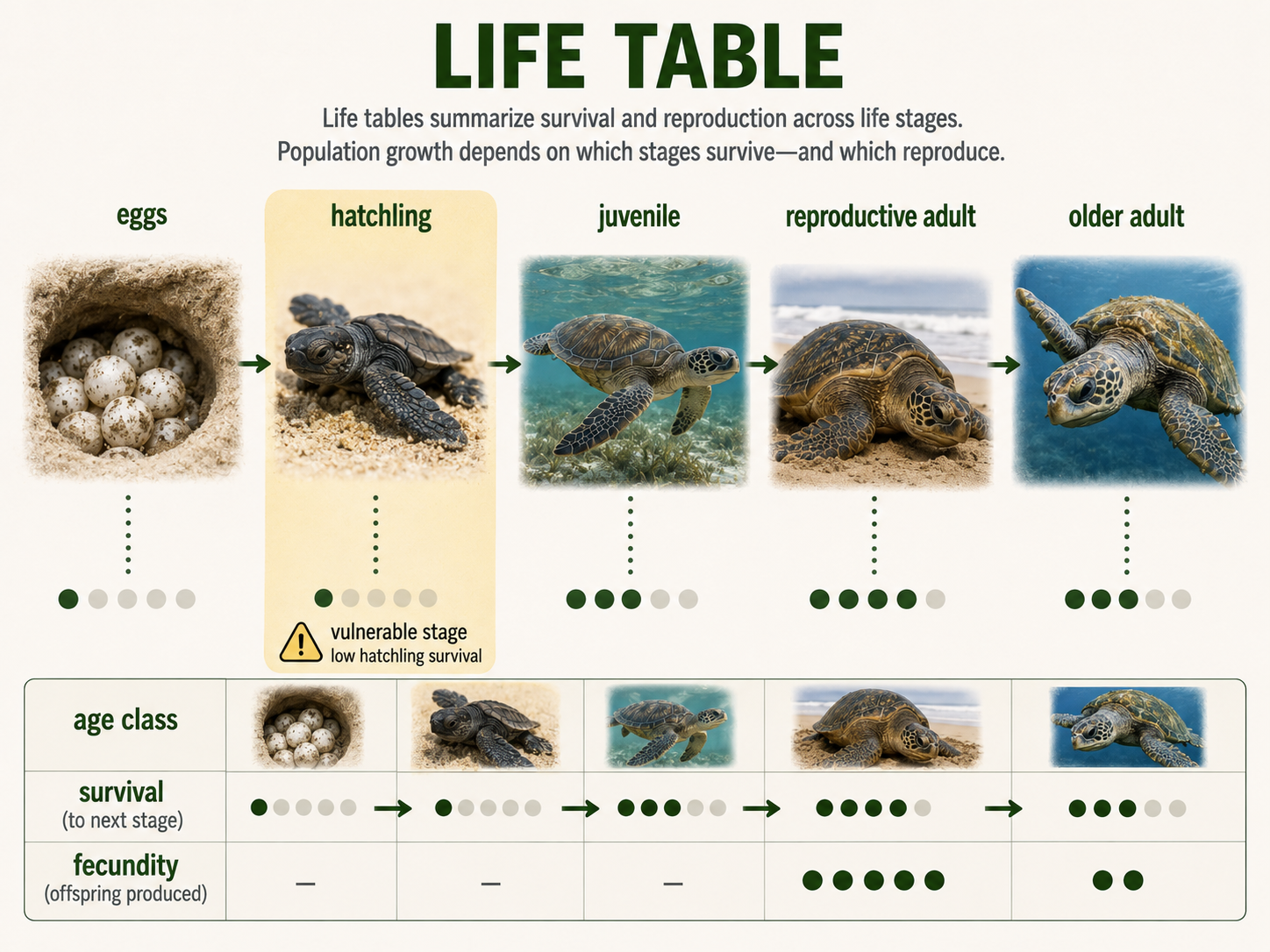 A life-stage sequence shows individuals moving from eggs or seeds to juveniles, reproductive adults, and older adults. A small table inset lists survival and fecundity for each stage.