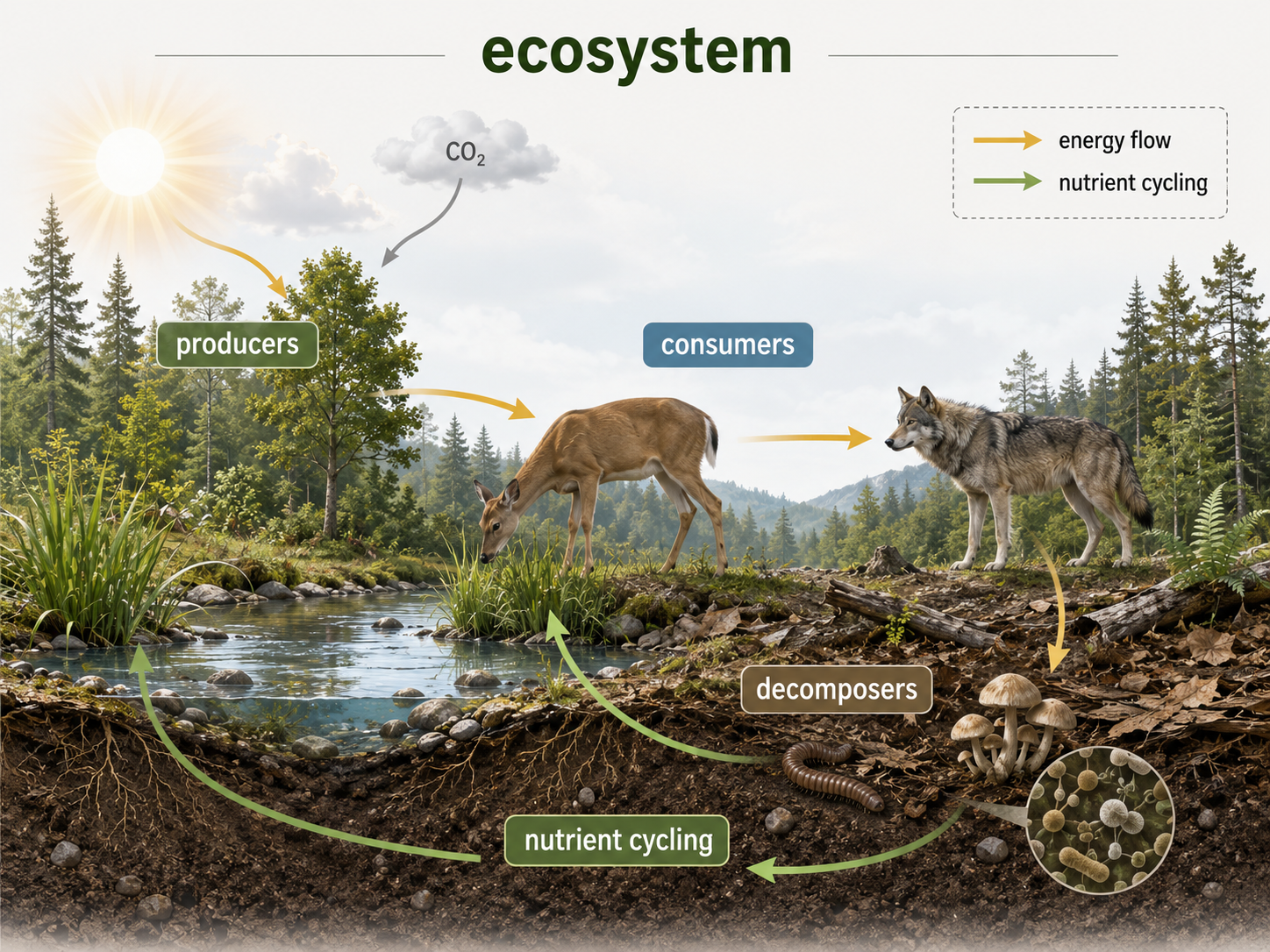 Ecosystem ecology studies how organisms interact with the nonliving environment through energy flow and nutrient cycling.