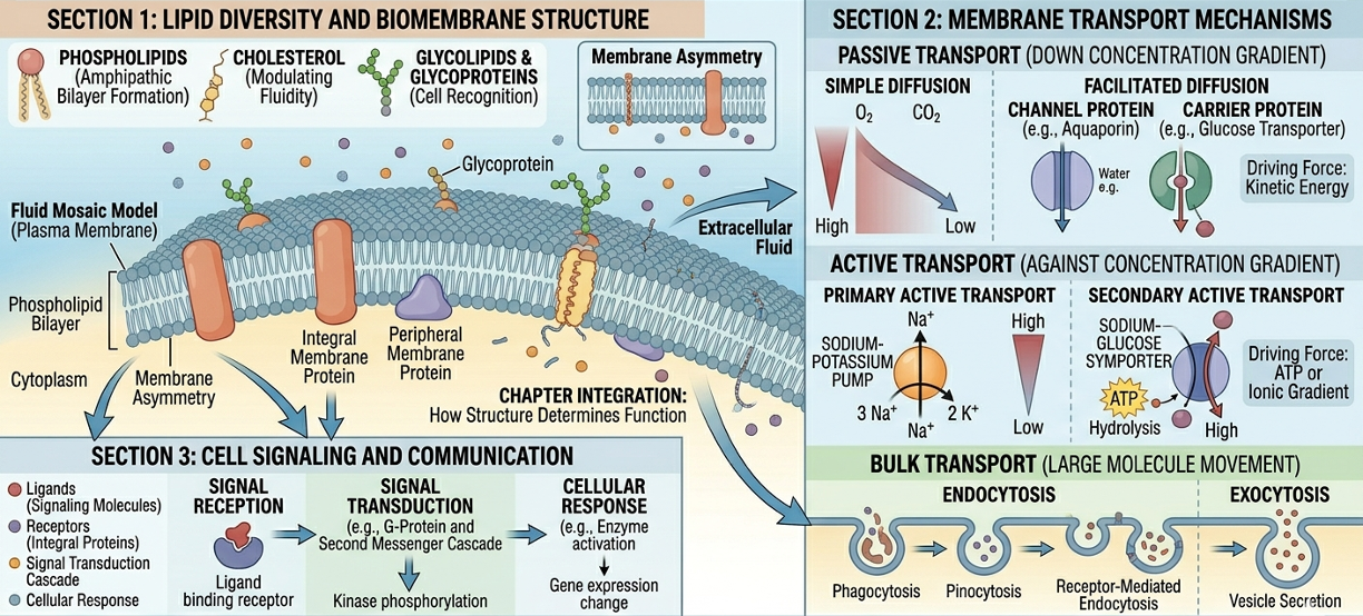 Lipids and cell membranes regulate structure, transport, communication, and homeostasis in living cells.