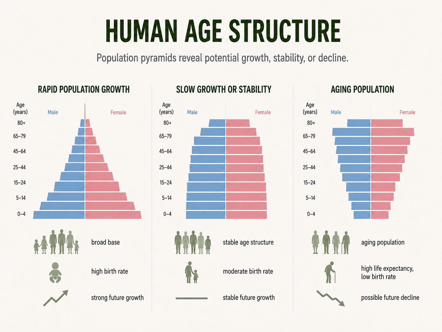 Three simplified population pyramids compare human age structures. One has many young people, one has a more even distribution across ages, and one has many older adults with fewer young people.