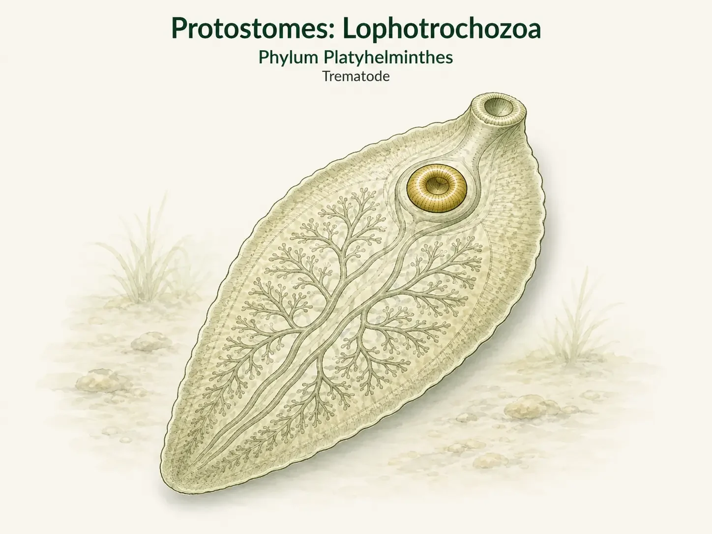 A leaf-shaped trematode fluke with a flattened body and visible internal anatomy.