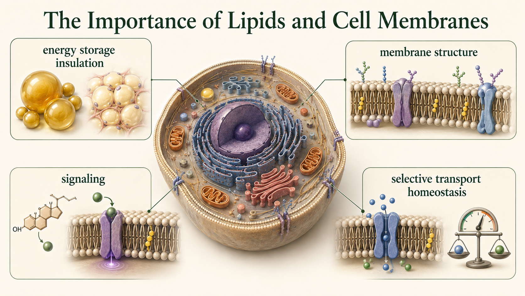 A central cell connects lipid energy storage, insulation, signaling, membrane structure, selective transport, and homeostasis.