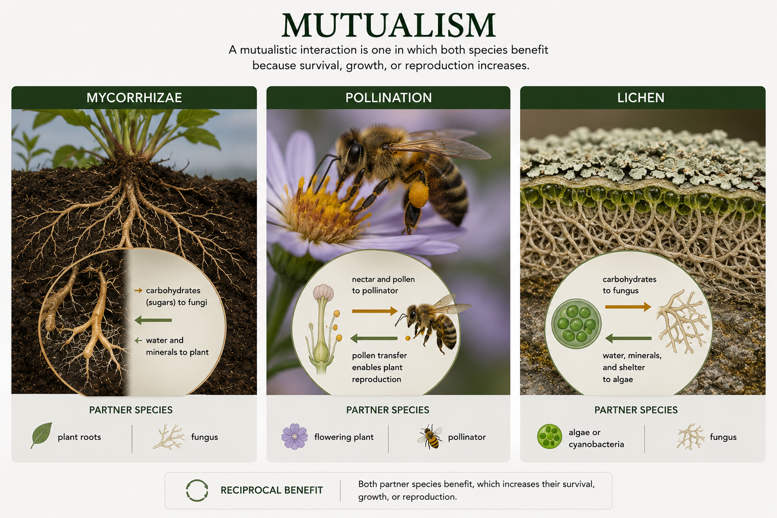 Three mutualism examples are shown: fungal hyphae associated with plant roots, a bee transferring pollen between flowers, and a lichen cross-section with fungal tissue and photosynthetic cells. Arrows show benefits moving between partners.