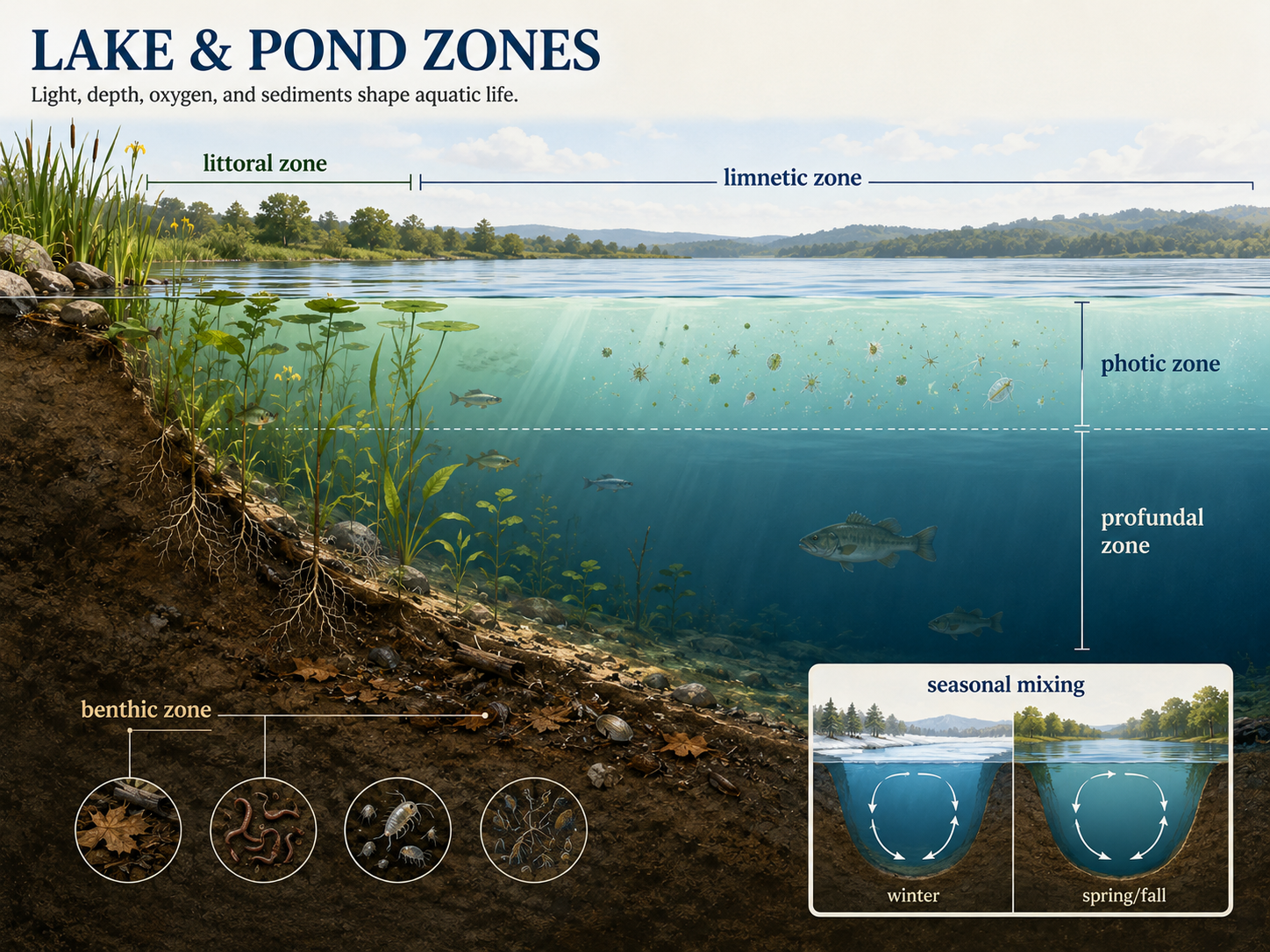 A lake cross-section shows shallow plant-filled littoral water, open limnetic water, sunlit photic water, deeper dark profundal water, and benthic bottom sediments.