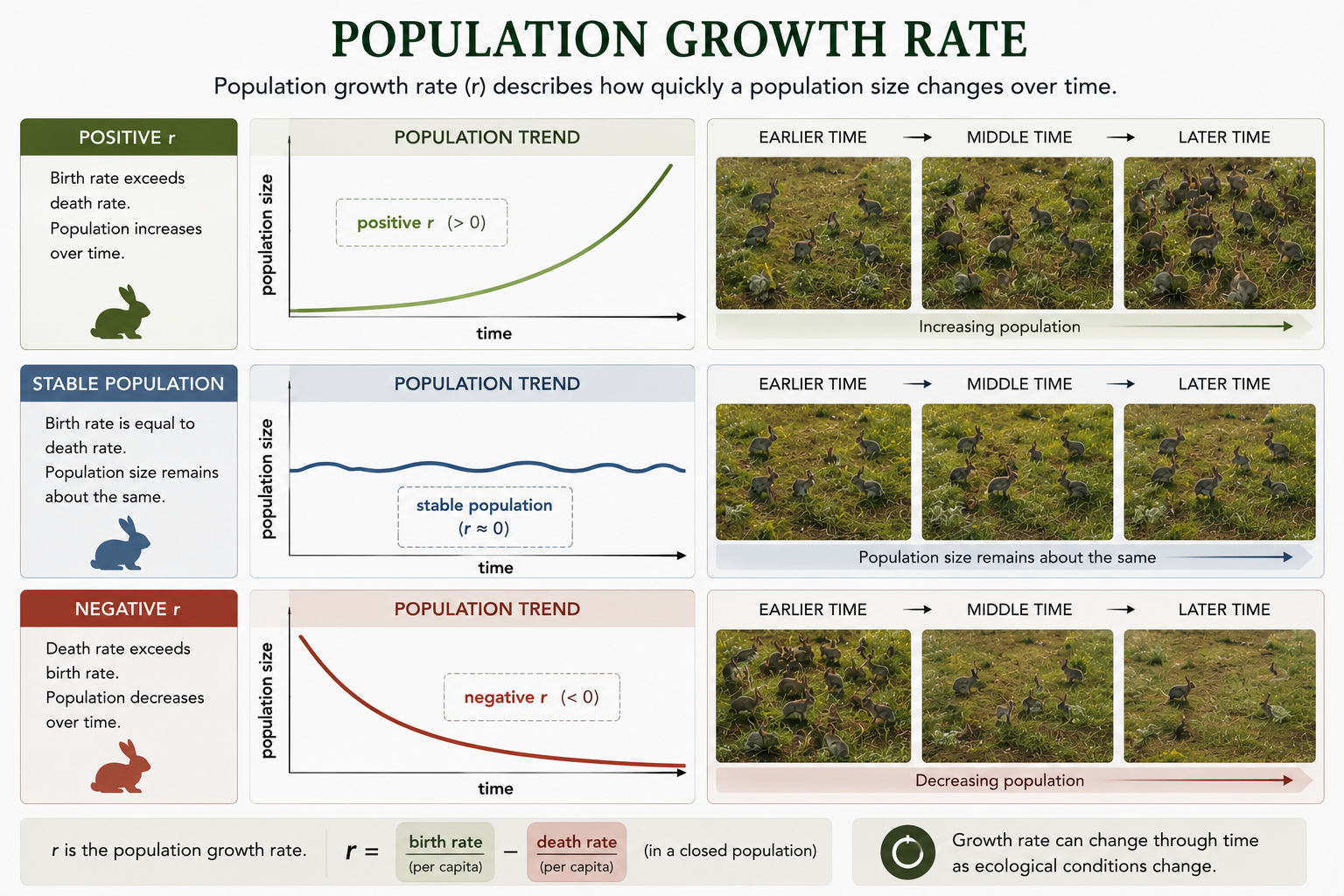 Three line graphs show populations increasing, remaining stable, and declining over time. Each graph is paired with a habitat patch showing more, similar, or fewer individuals.