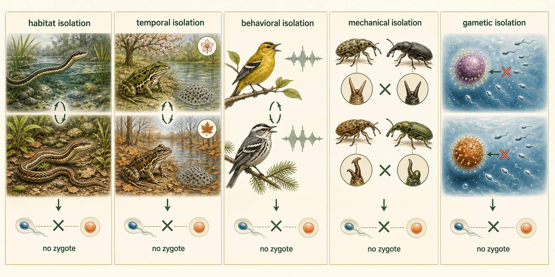 Five panels show habitat, temporal, behavioral, mechanical, and gametic barriers preventing mating or fertilization.