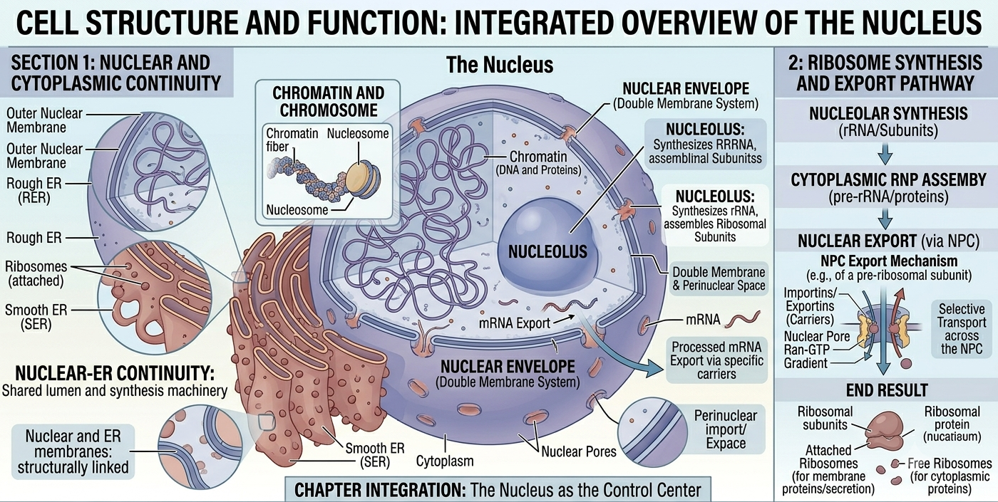 Figure 8. Structure of the nucleus. The nucleus houses the genetic material of eukaryotic cells and separates transcription from translation. Nuclear pores regulate molecular transport between the nucleus and cytoplasm.