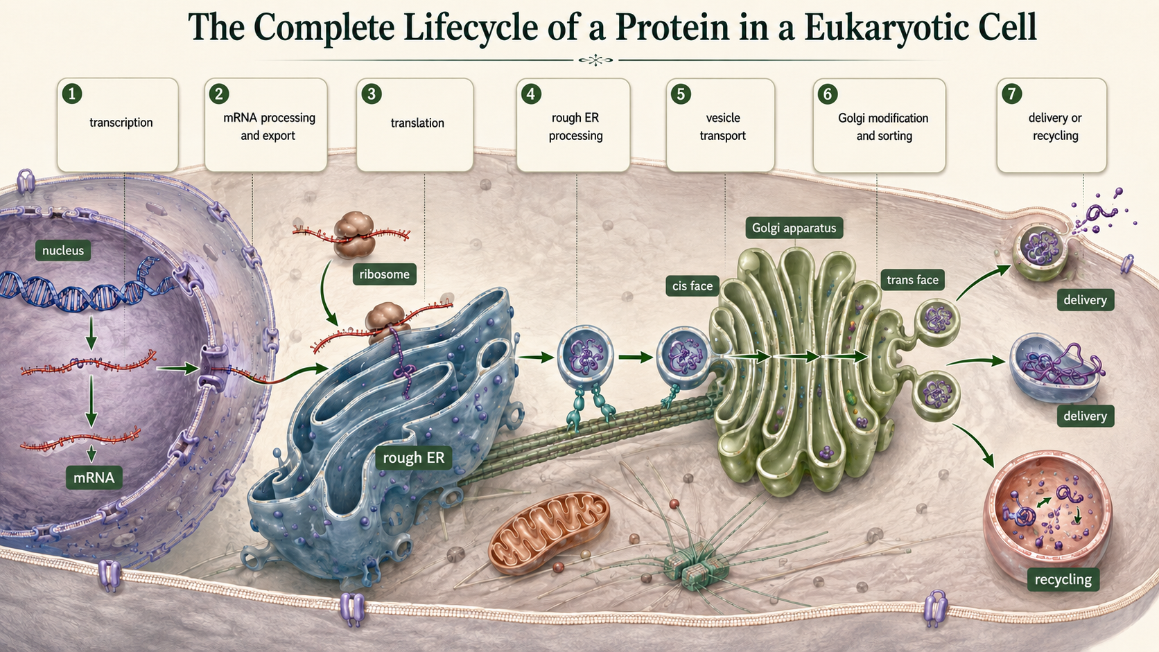 Protein instructions move from DNA to mRNA to ribosomes, then through rough ER, Golgi, vesicles, and lysosomes.