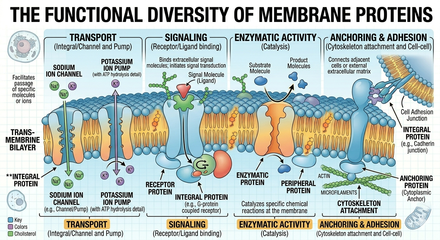 Membrane proteins perform transport, signaling, enzymatic, and structural functions.