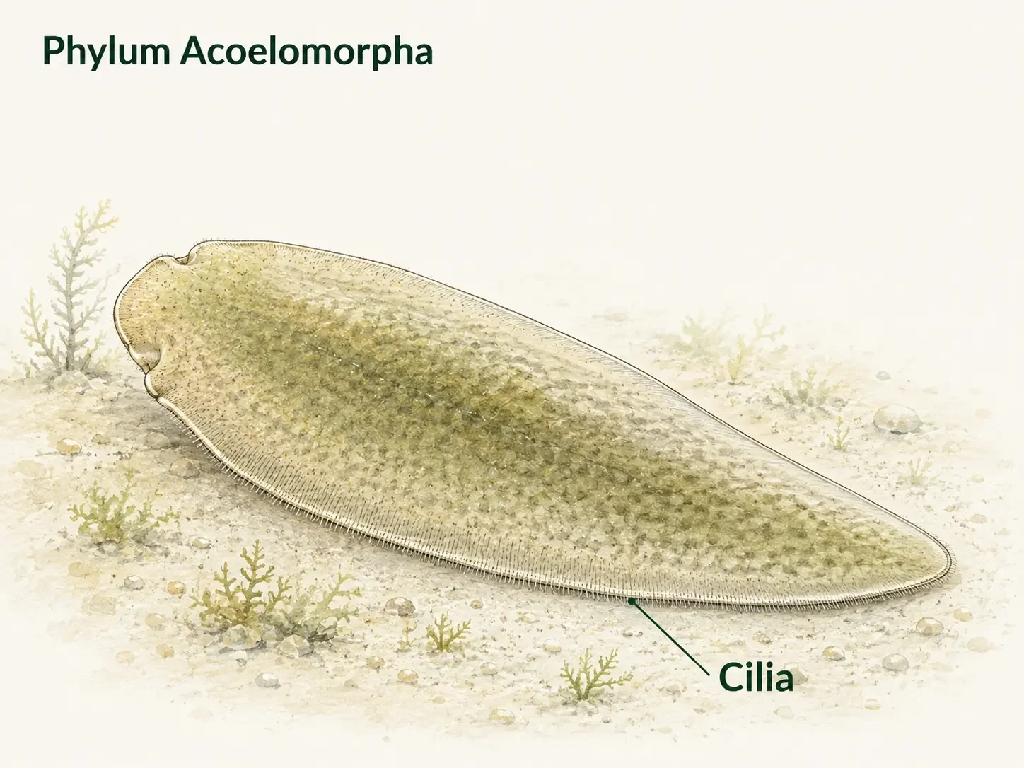 Small flattened acoelomorph with an elongated unsegmented body and cilia along the outer surface.