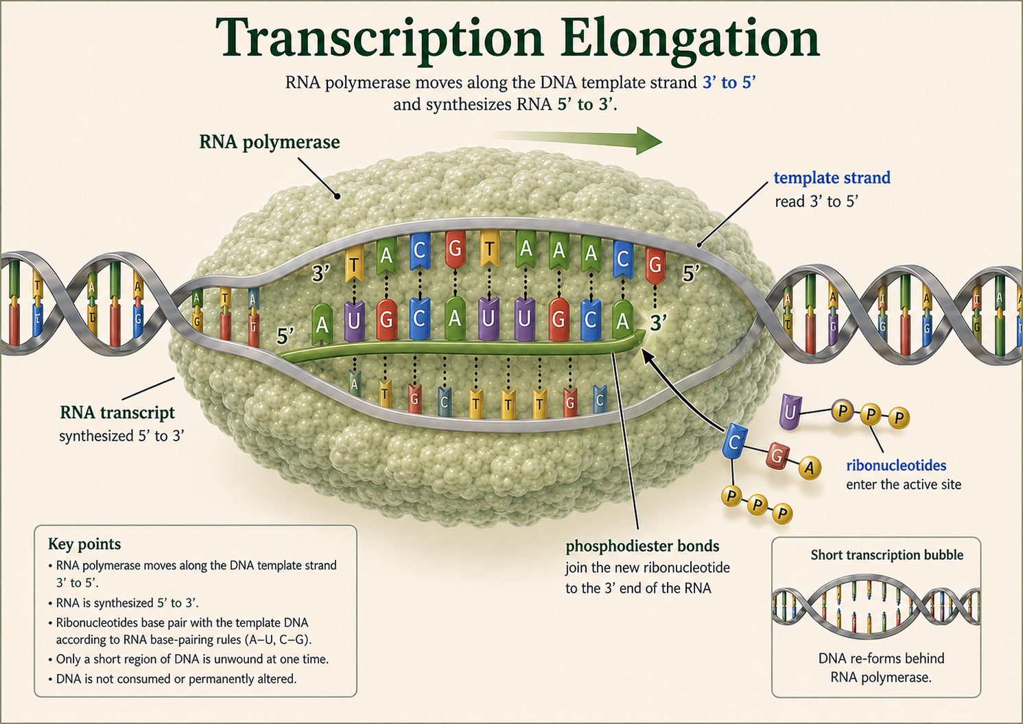 During elongation, RNA polymerase moves along the DNA template strand and adds ribonucleotides to the growing RNA transcript. The DNA behind the enzyme re-forms its double helix.
