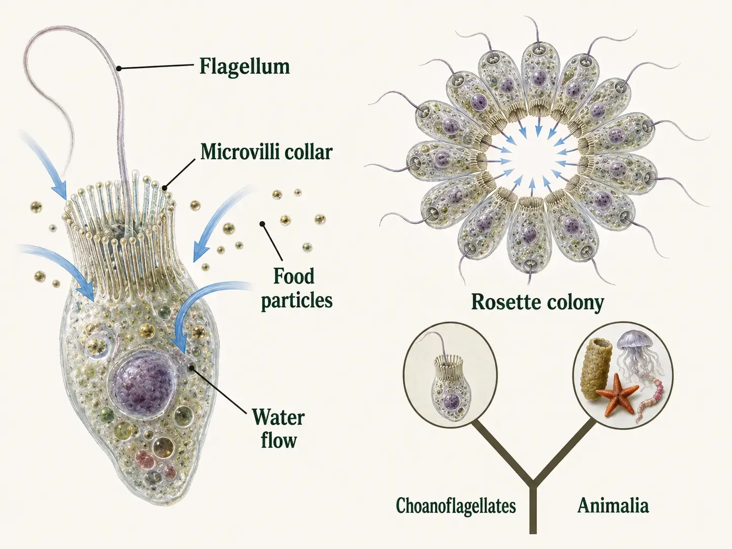 Choanoflagellate cell and colony beside a sponge choanocyte, showing a flagellum surrounded by a microvillar collar that draws in water and traps food; the diagram identifies choanoflagellates as animals’ closest living relatives.