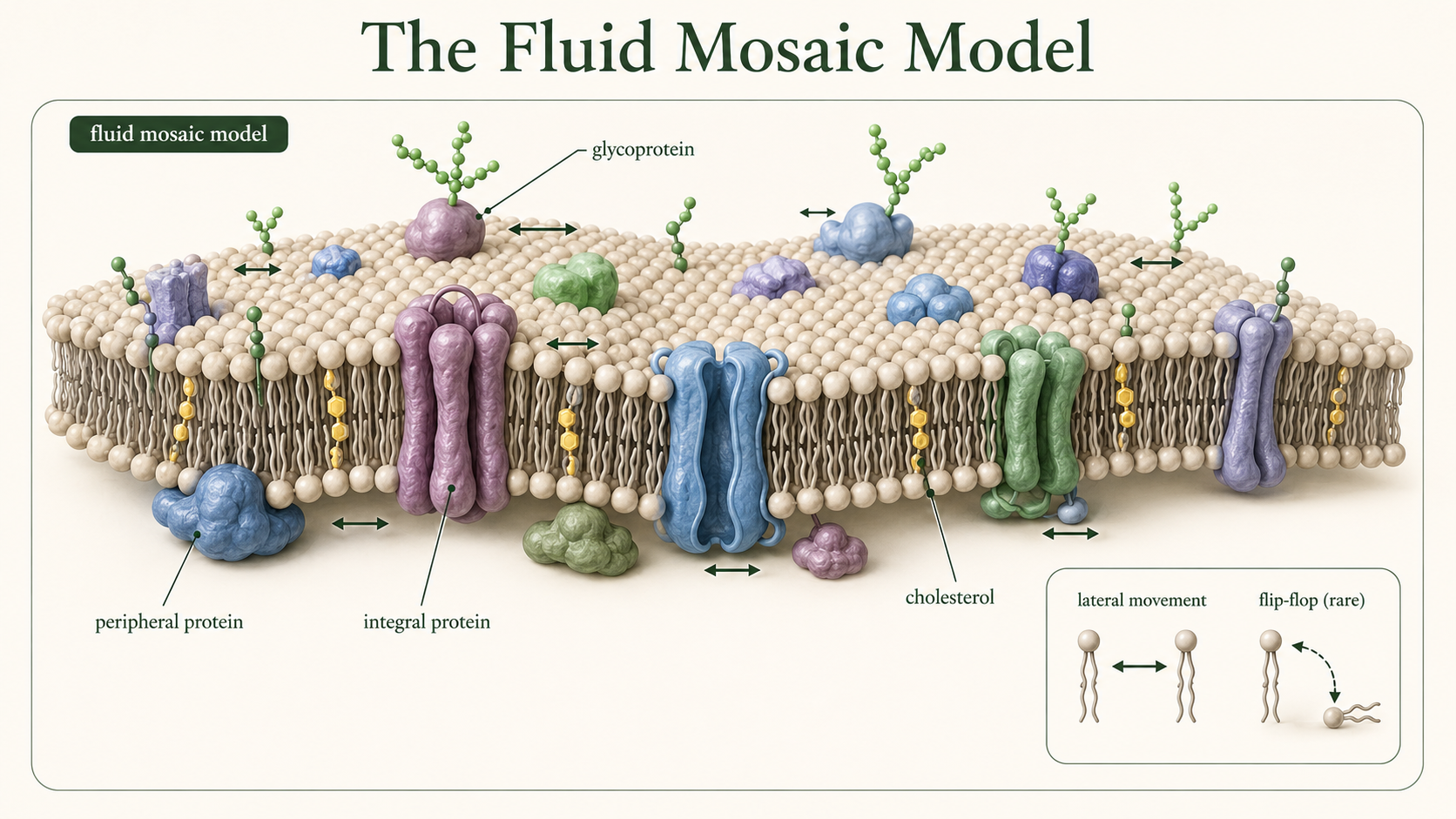 A dynamic phospholipid bilayer contains mobile proteins, cholesterol, glycolipids, and outward-facing carbohydrate chains.