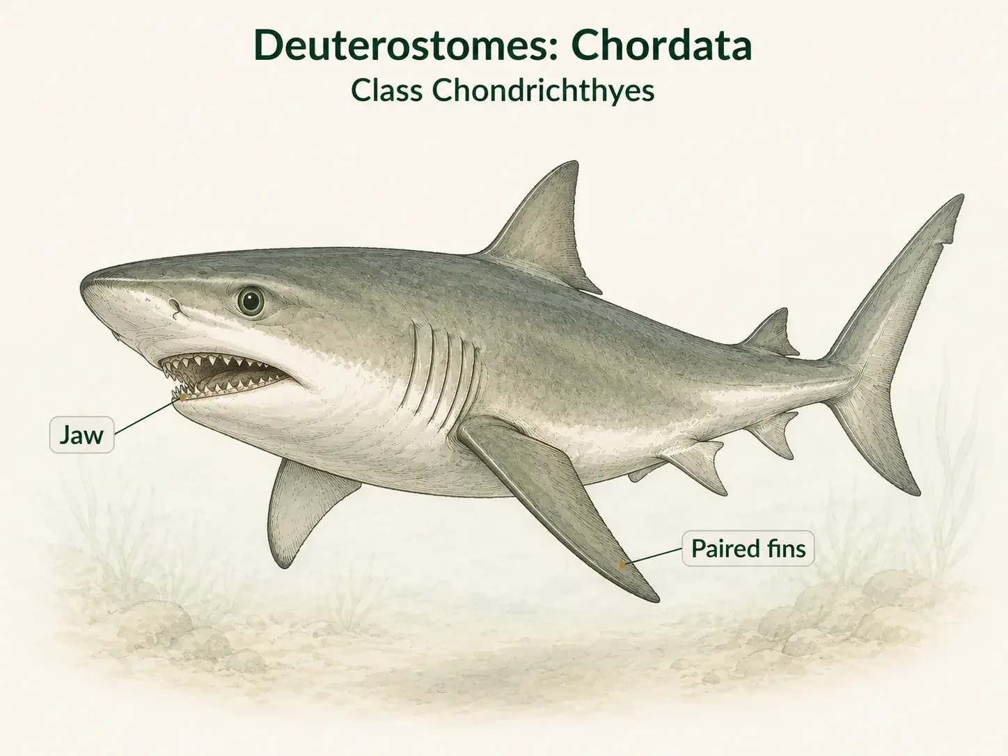 A shark representing cartilaginous fishes, with the jaw clearly indicated at the mouth.