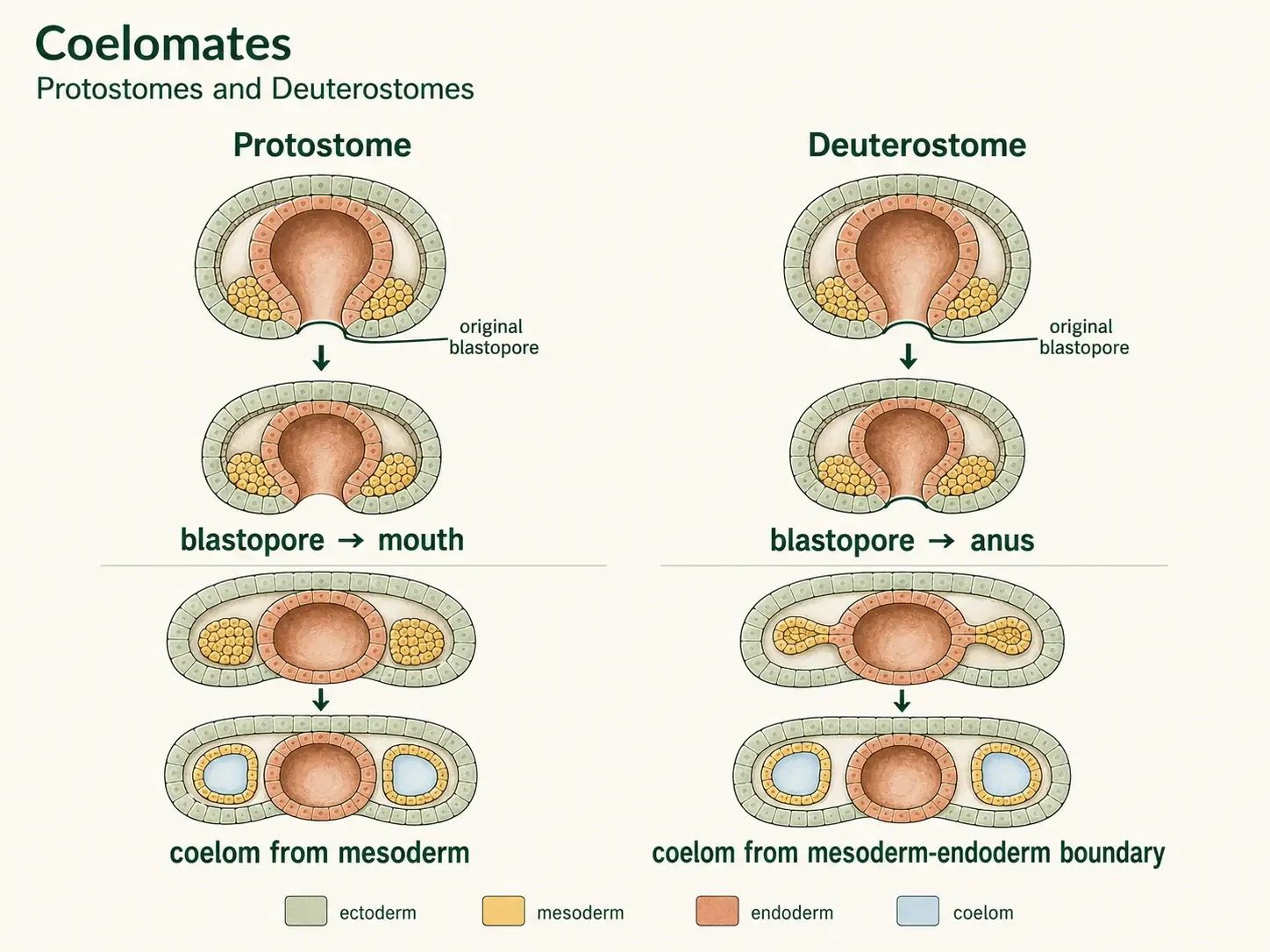 Side-by-side developmental diagrams comparing protostome and deuterostome patterns, including blastopore fate and coelom formation.